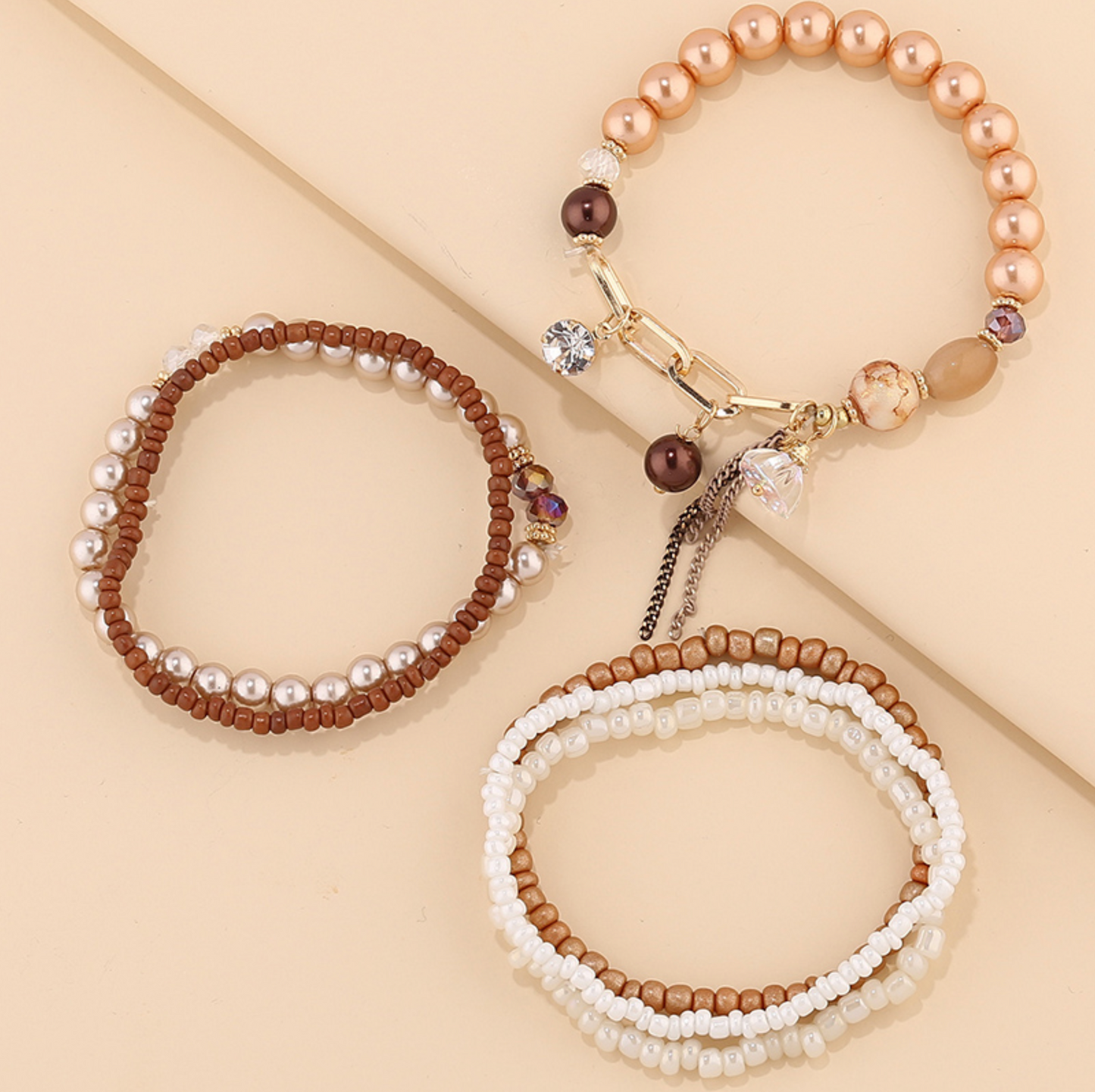 Bronze Metallic White Beaded Bracelet Set