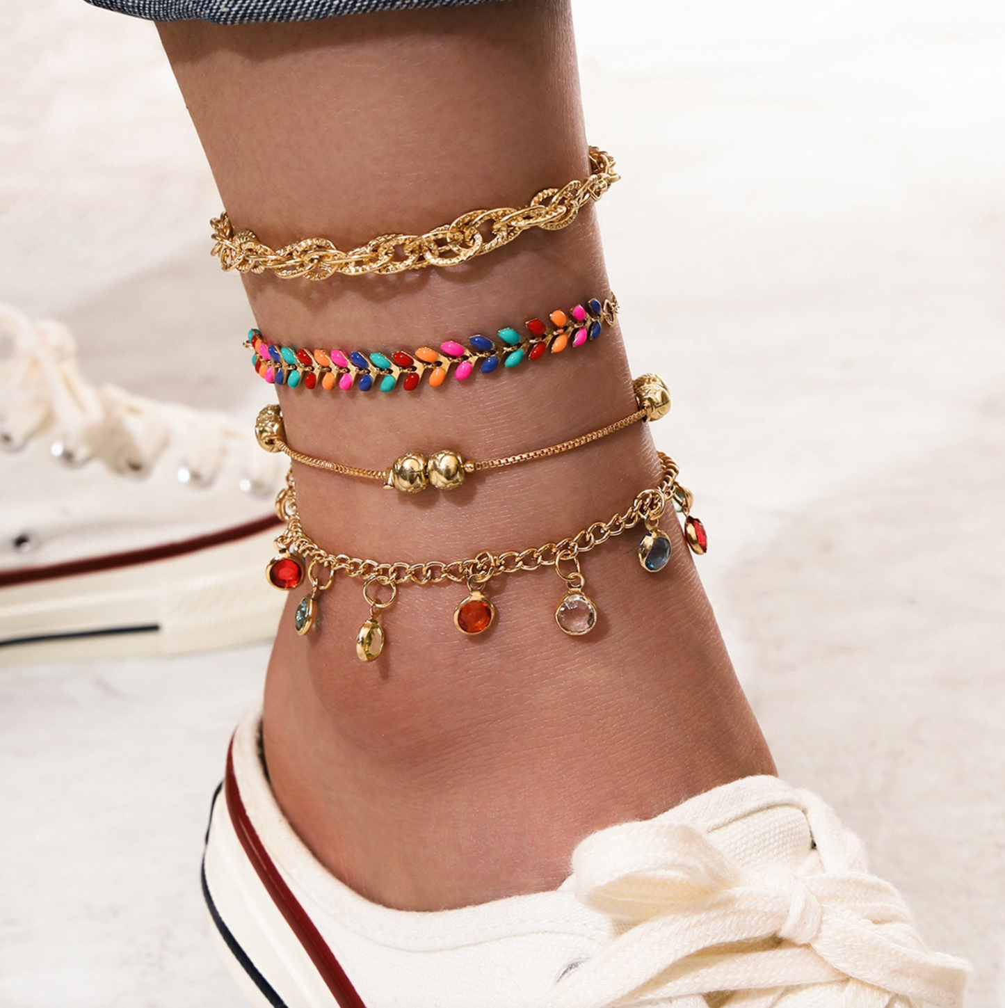 Multi Colored Leaf Crystal Drops Anklet Set