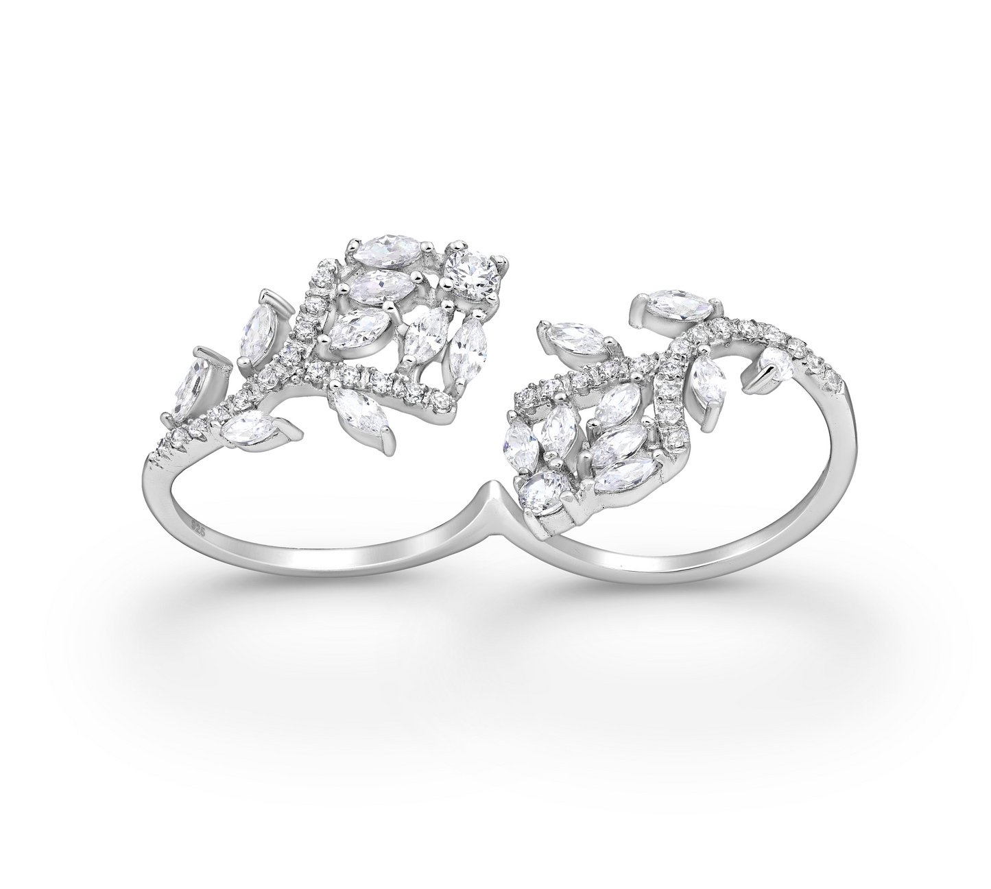 Sterling Silver Dual-Leaf CZ Simulated Diamond Ring