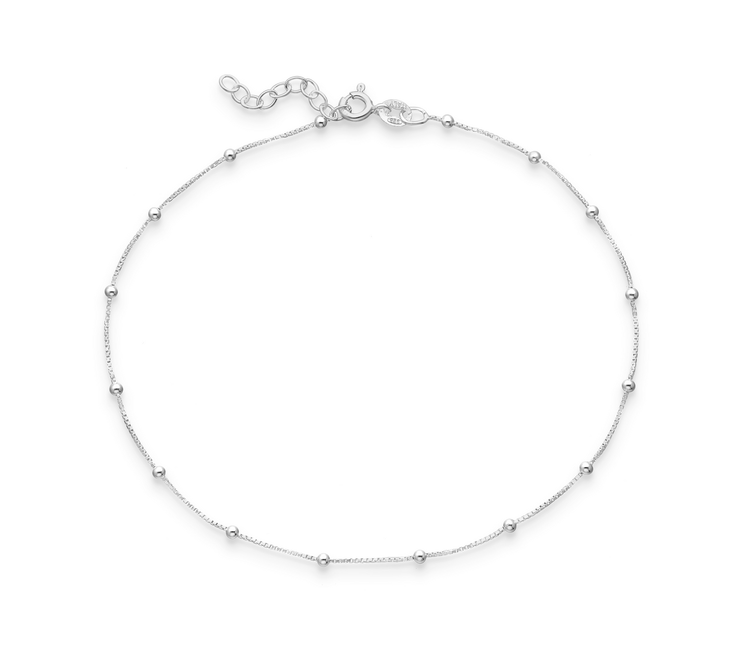 Sterling silver Italian station bead anklet with polished micro beads, adjustable 9.50–10.50 inches