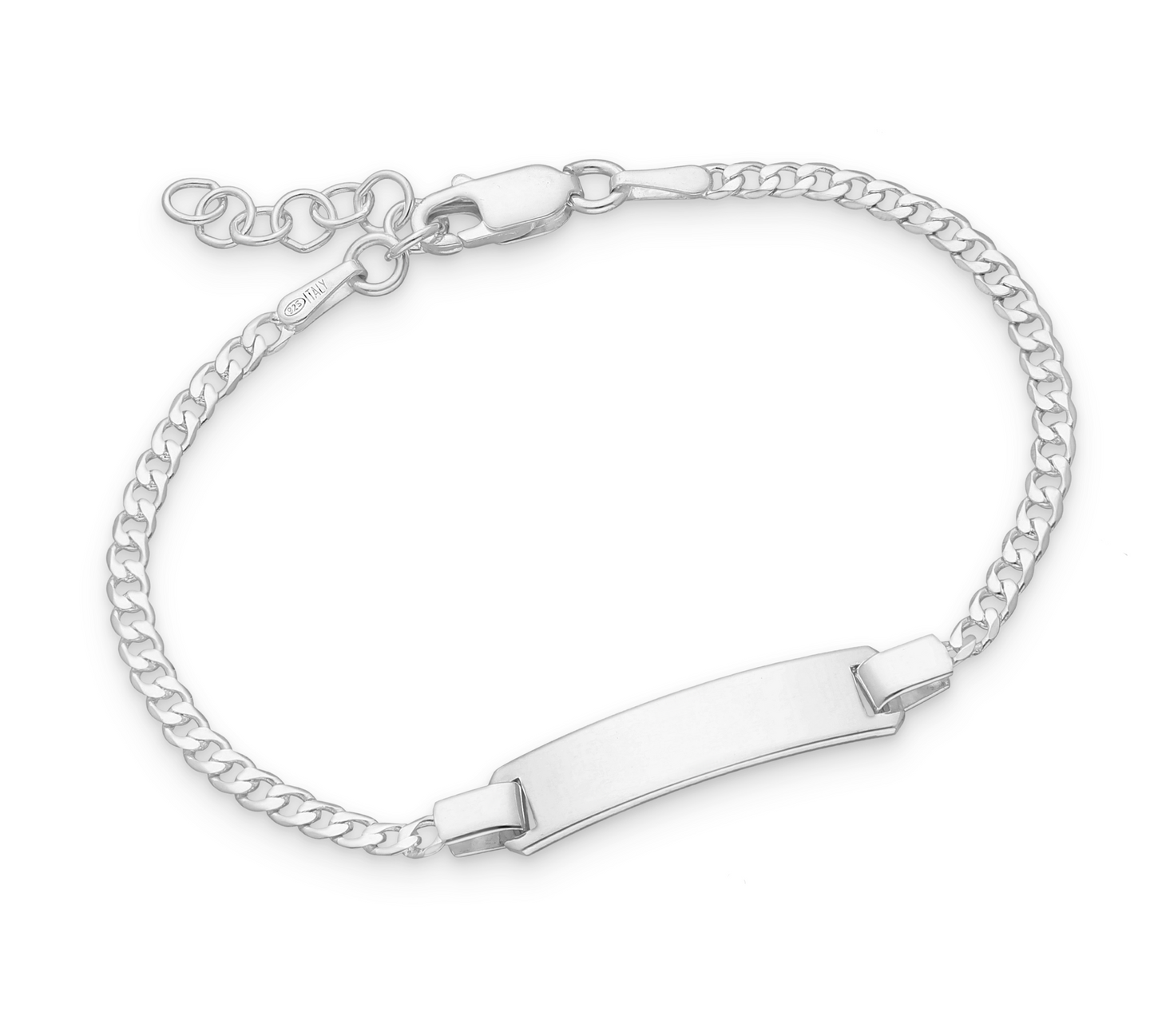 Sterling silver ID tag bracelet with Italian curb chain and lobster clasp, high-polish engrave-ready plate.