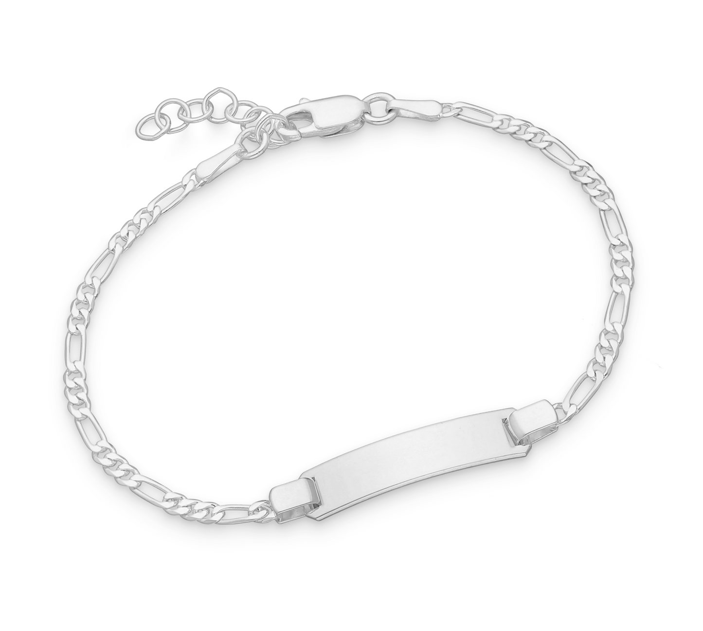 A sterling silver chain link bracelet with an engravable ID tag.