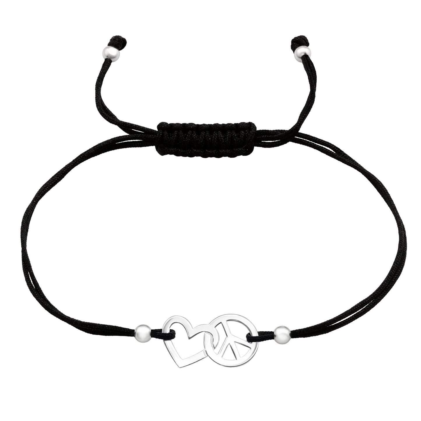 black cord bracelet with sterling silver peace and heart charm and sliding macramé knot, adjustable fit