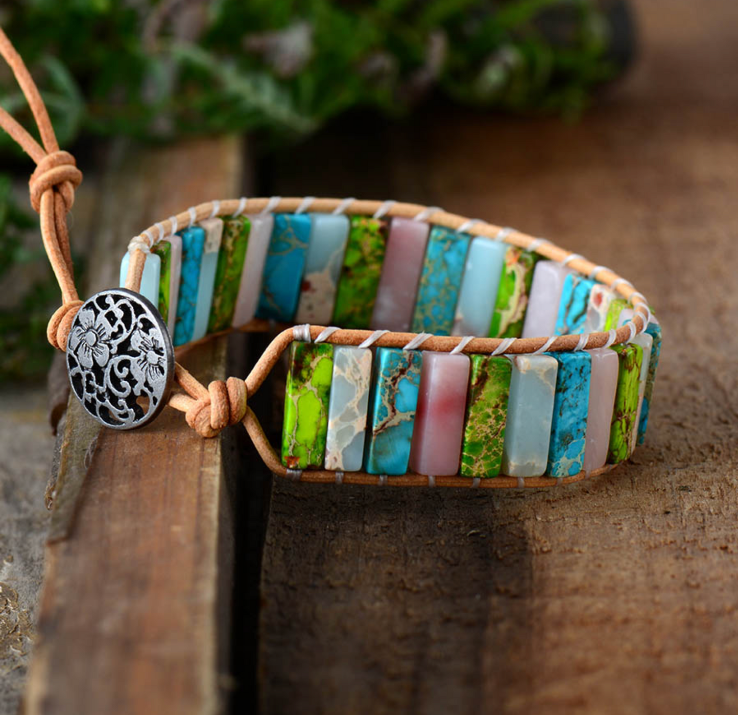 Green Multi Colored Jasper Bar Leather Bracelet