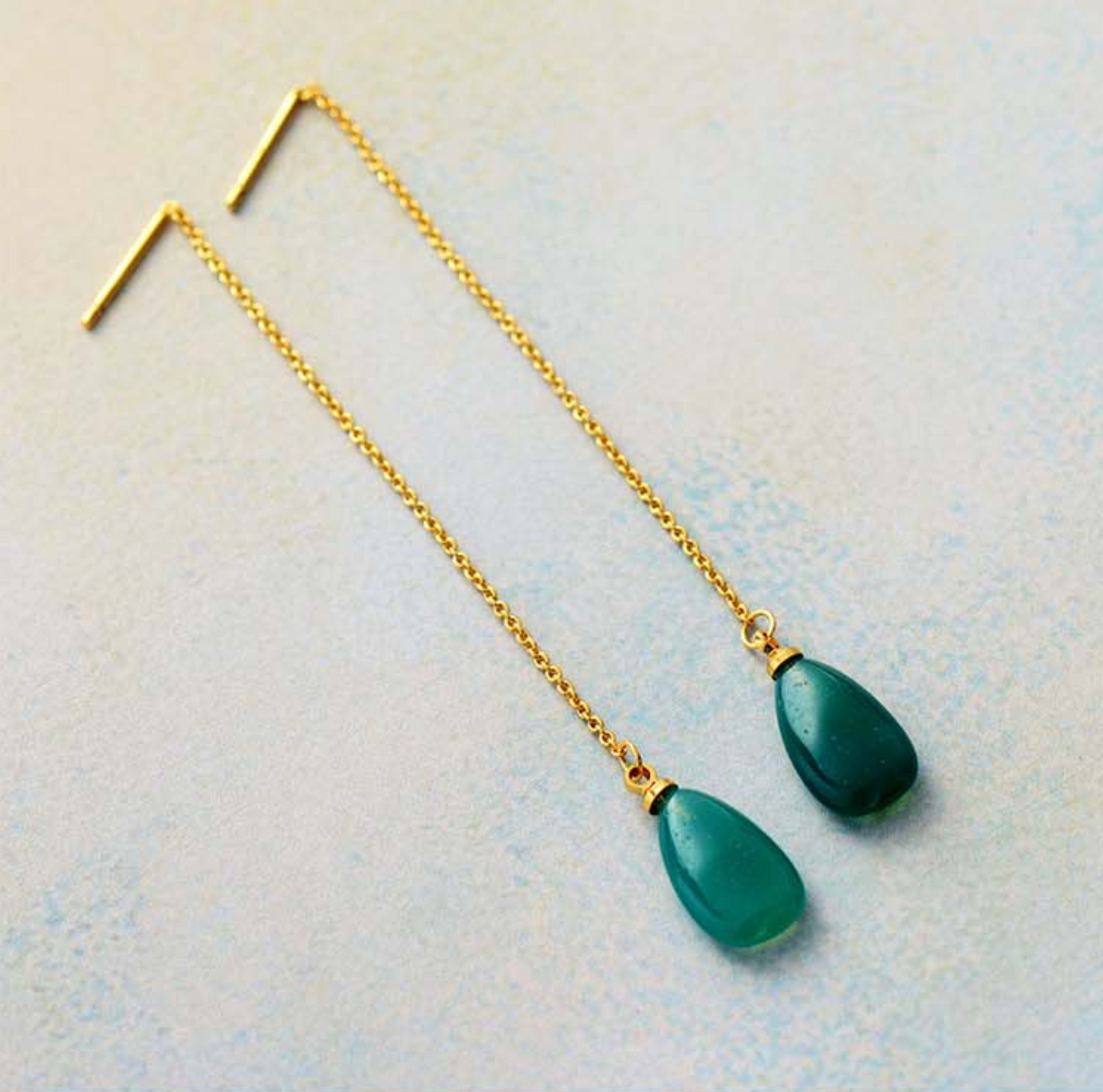 Goldtone Long Chain Dangle Green Onyx Teardrop Drop Earrings