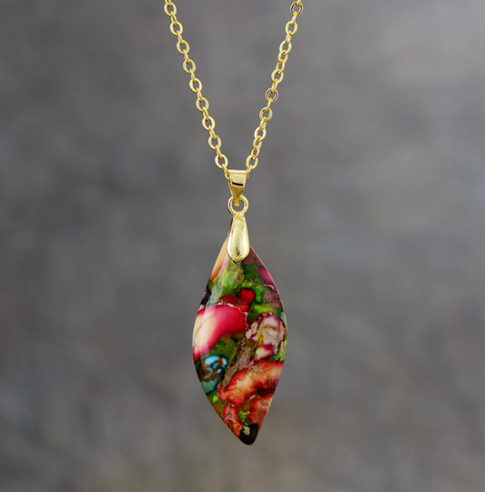 Goldtone & Multi Colored Red Jasper Leaf Pendant Necklace