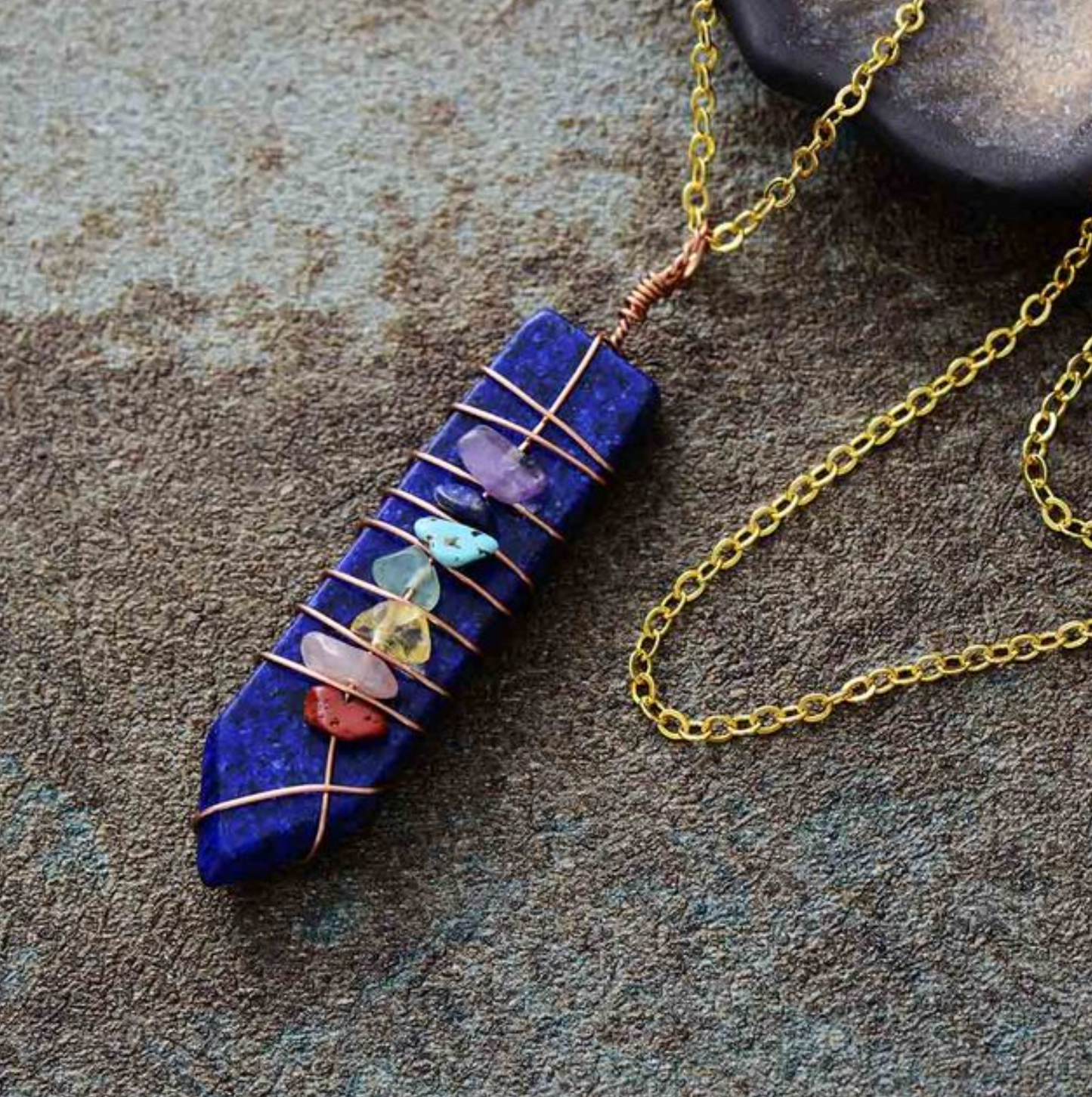 Goldtone Lapis Prism Chakra Pendant Necklace