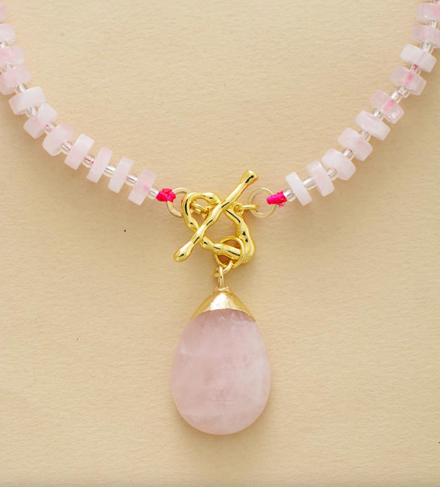 Rose Quartz Beaded Teardrop T Bar Necklace
