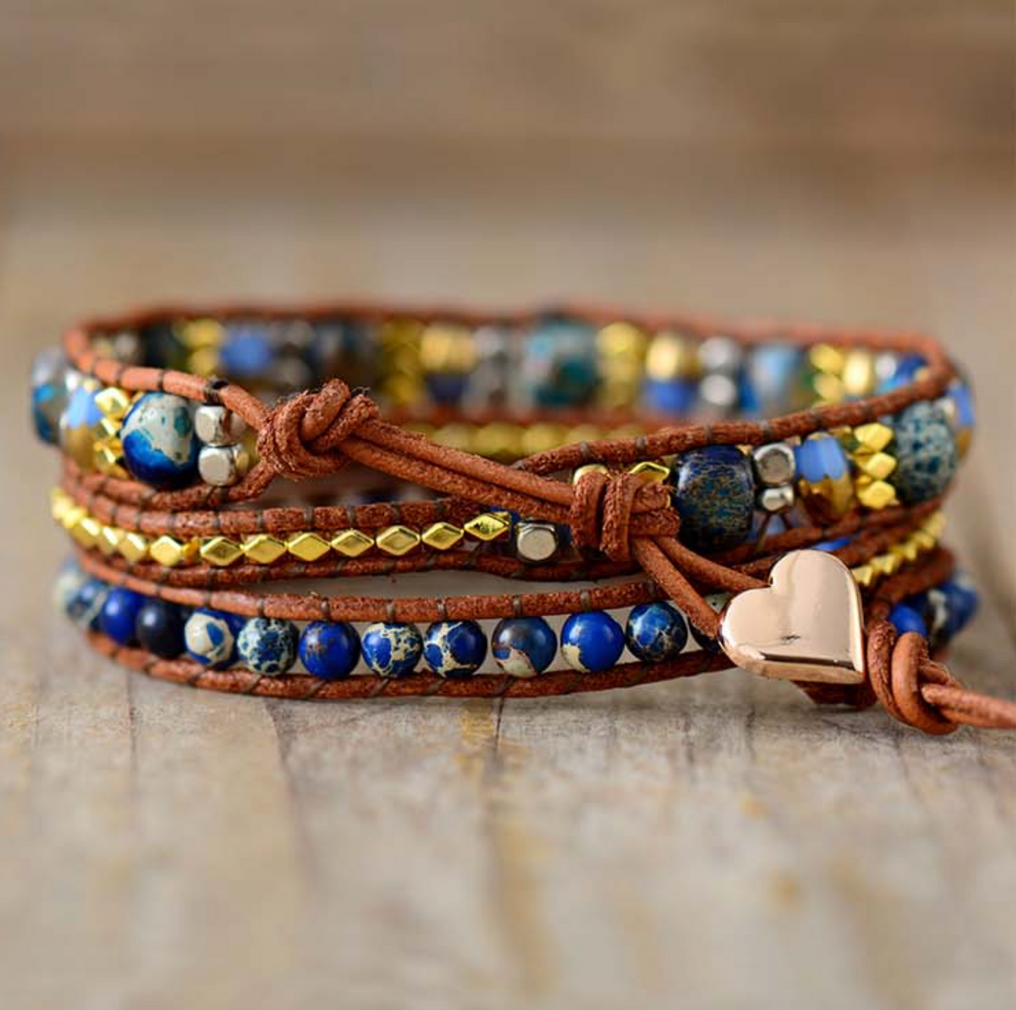 Blue Jasper & Goldtone Beaded Leather Wrap Bracelet