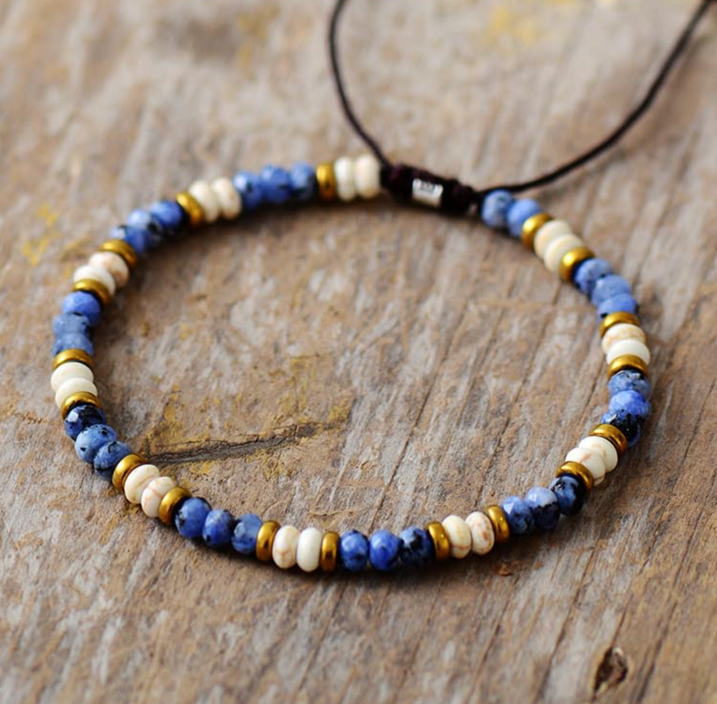White Blue Sodalite & Goldtone Beaded Adjustable Bracelet