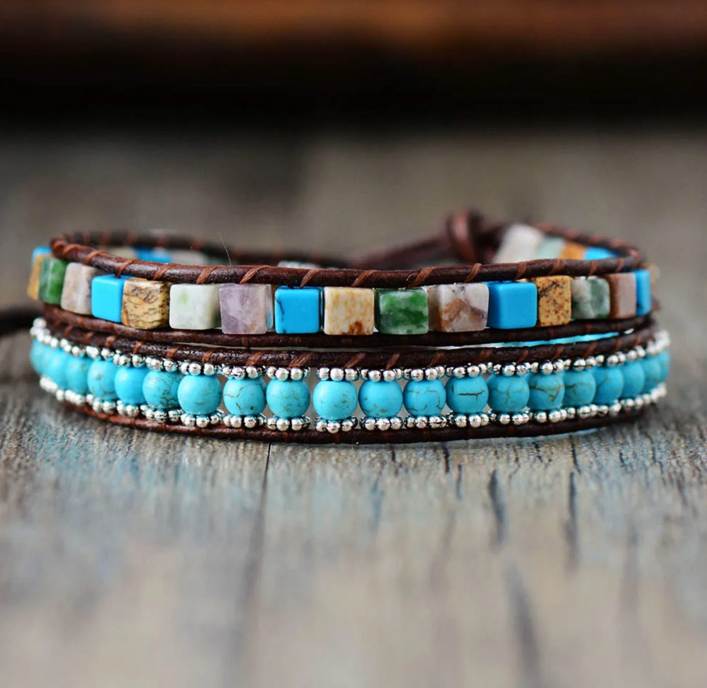 Leather Turquoise Beaded Dual Row Leather Wrap Bracelet