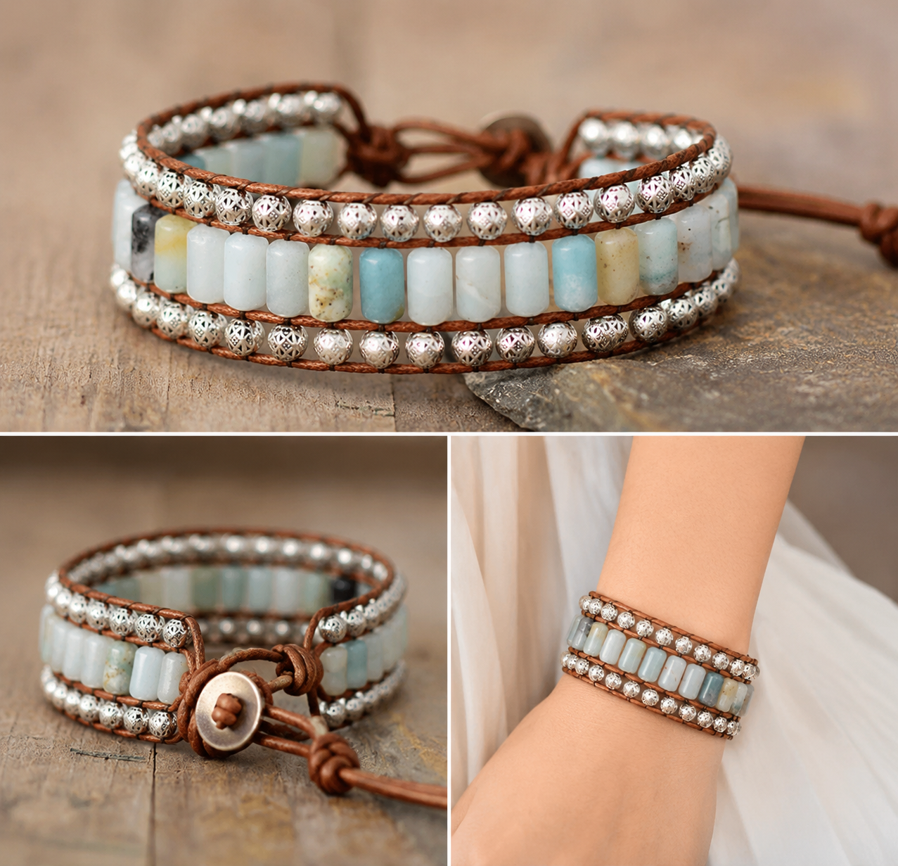 Amazonite Silvertone Hand Beaded Stone Bracelet