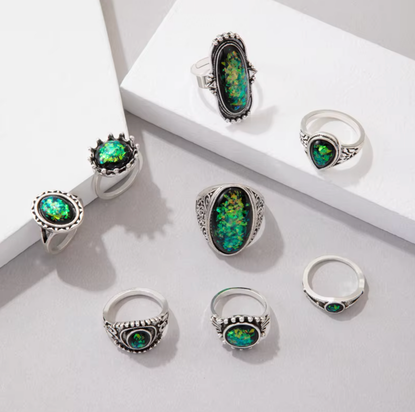 Silvertone & Green Signet Ring Sets