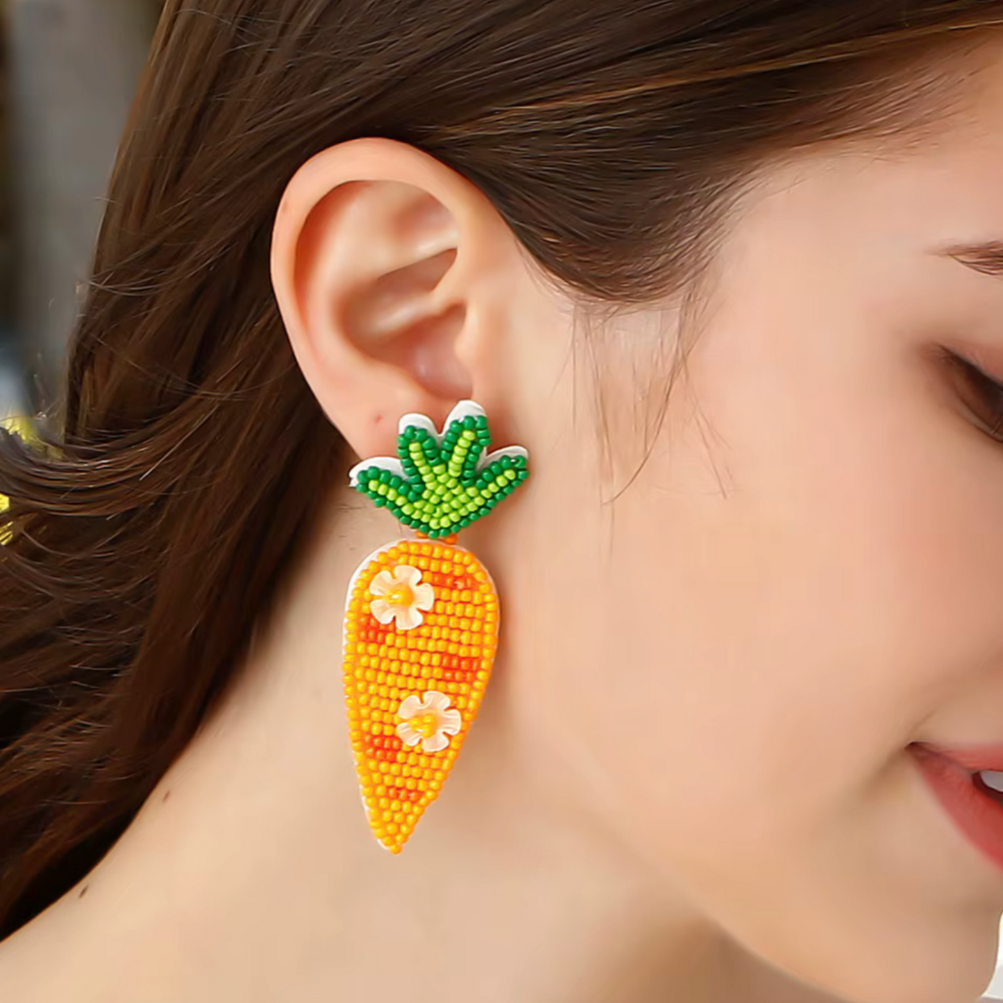 Orange Seed Bead Beaded Carrot Floral Drop Earrings