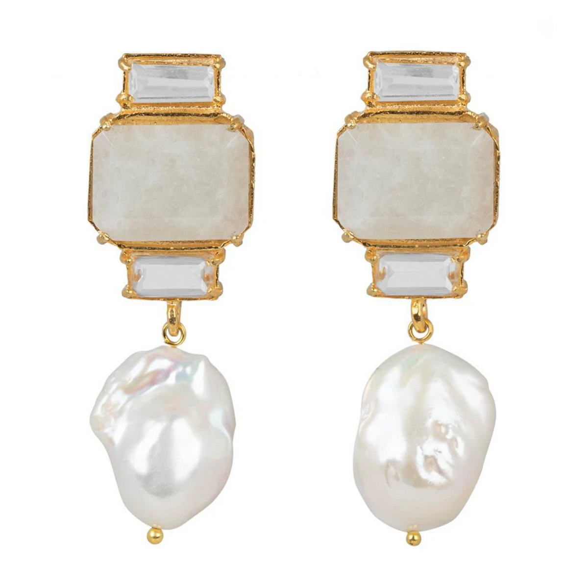 Goldtone Druzy Clear Crystal & Faux Pearl Drop Earrings on a white background