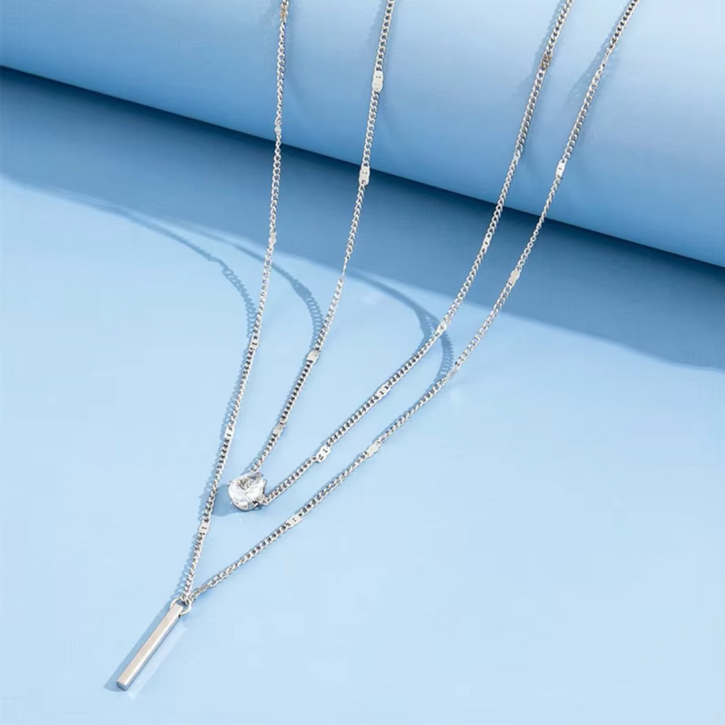 Silver Layered Bar And Teardrop Necklace With Cubic Zirconia