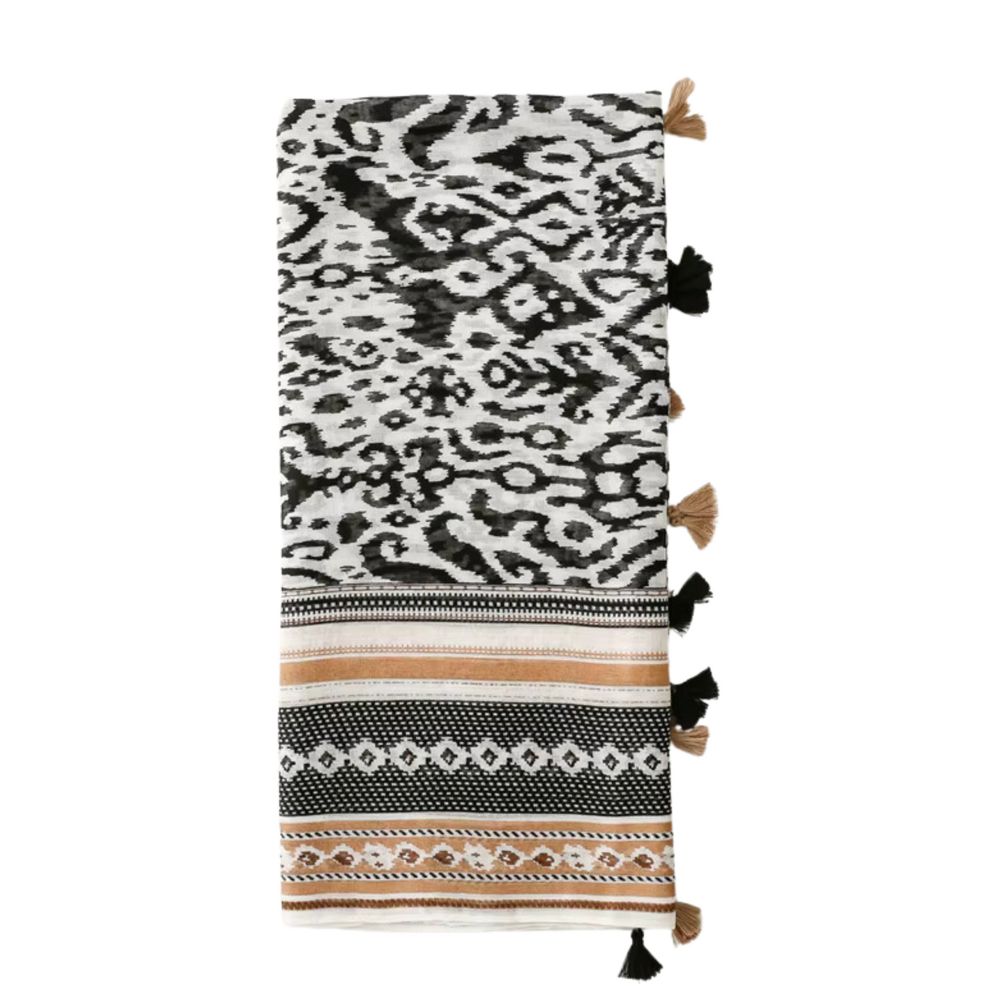 Bohemian Bold Print Tassel Scarf in Black and Beige