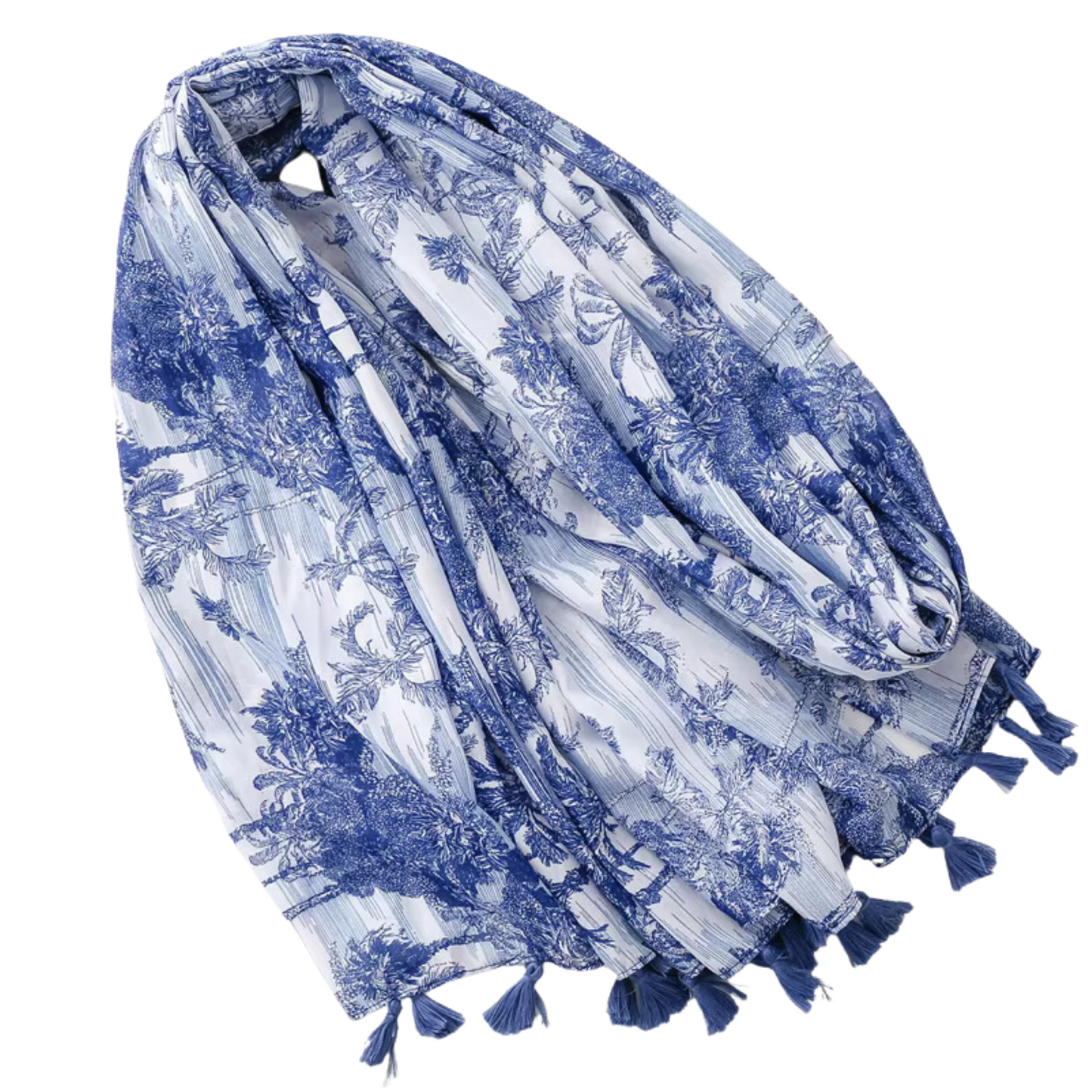 Blue and White Toile Tassel Scarf