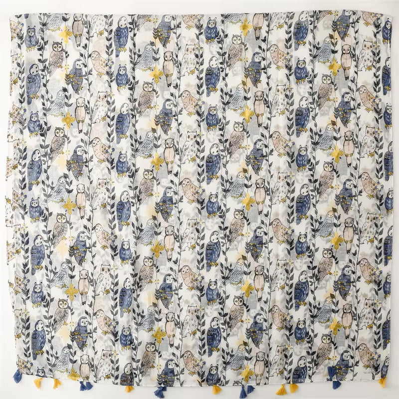Whimsical Owl Print Tassel Scarf