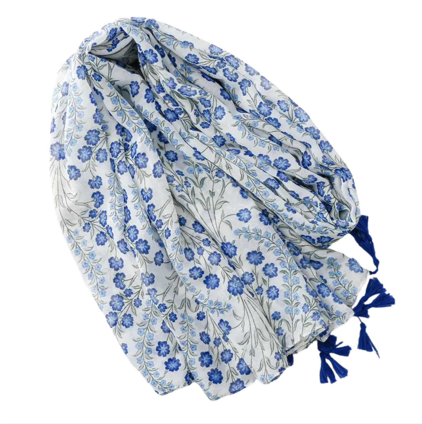Delicate Blue Floral Print Tassel Scarf
