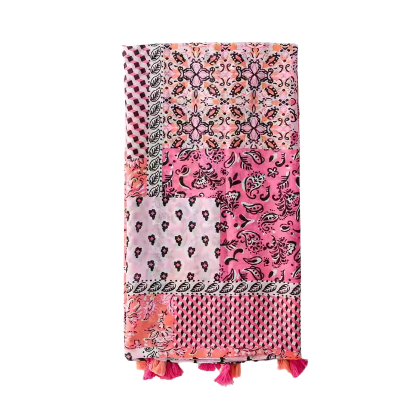 Vibrant Patchwork Boho Scarf with Tassel Accents