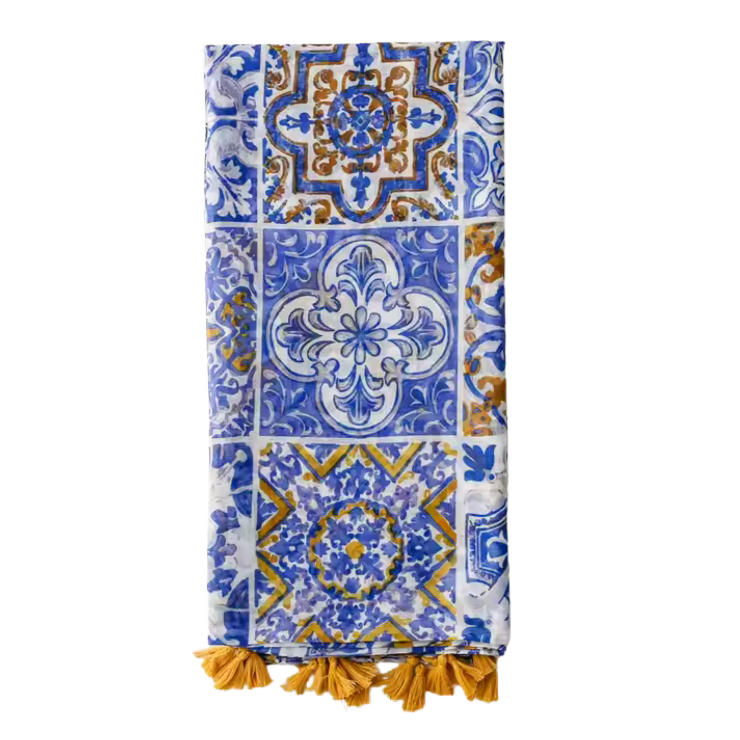 Mediterranean Tile Print Scarf with Tassel Accents