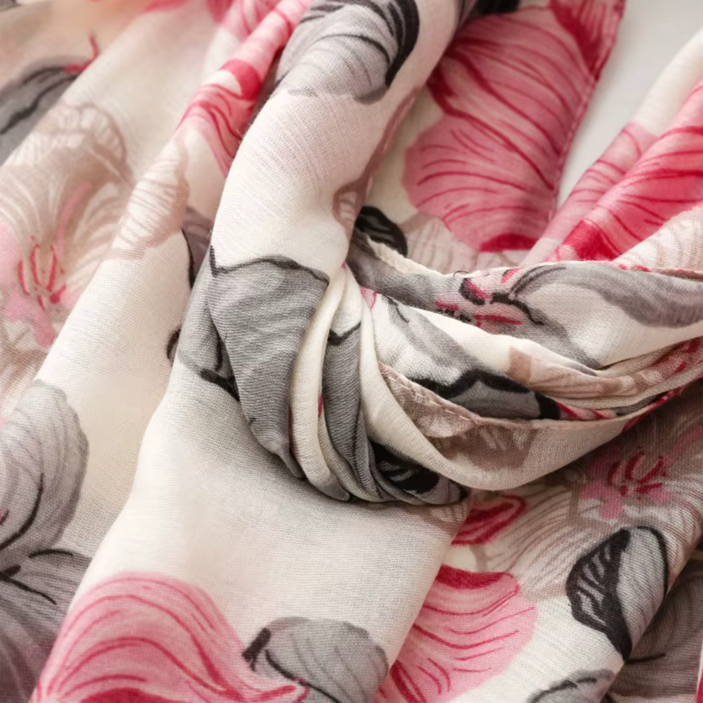 Delicate Pink and Grey Floral Print Tassel Scarf