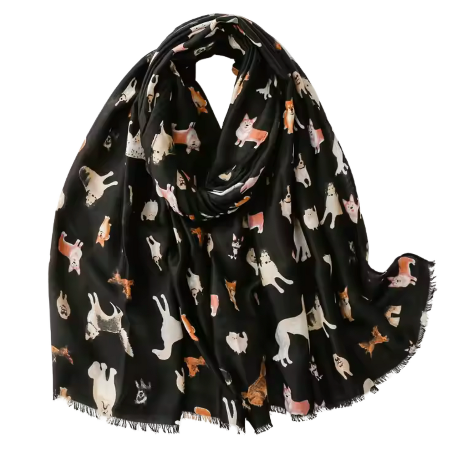 Charming Dog Print Scarf with Frayed Edges