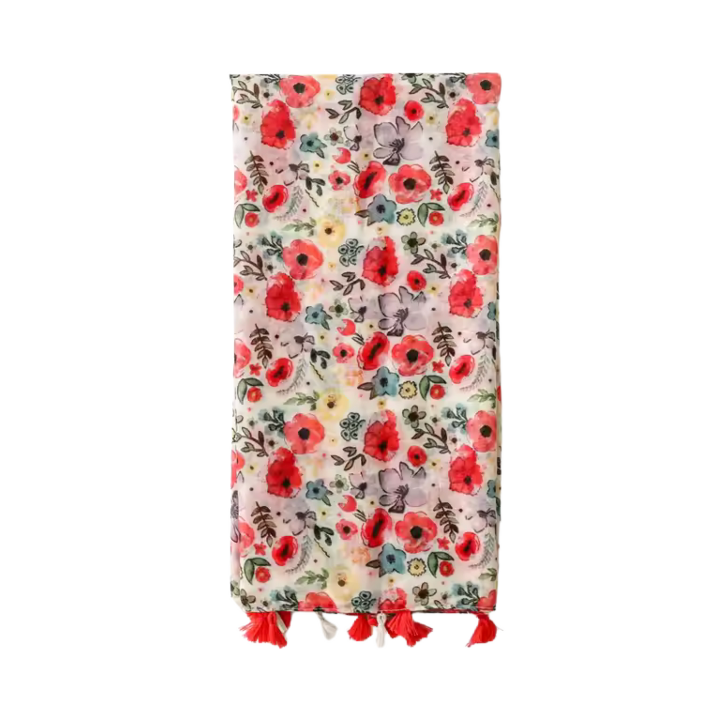 Floral Poppy Print Scarf with Tassel Accents