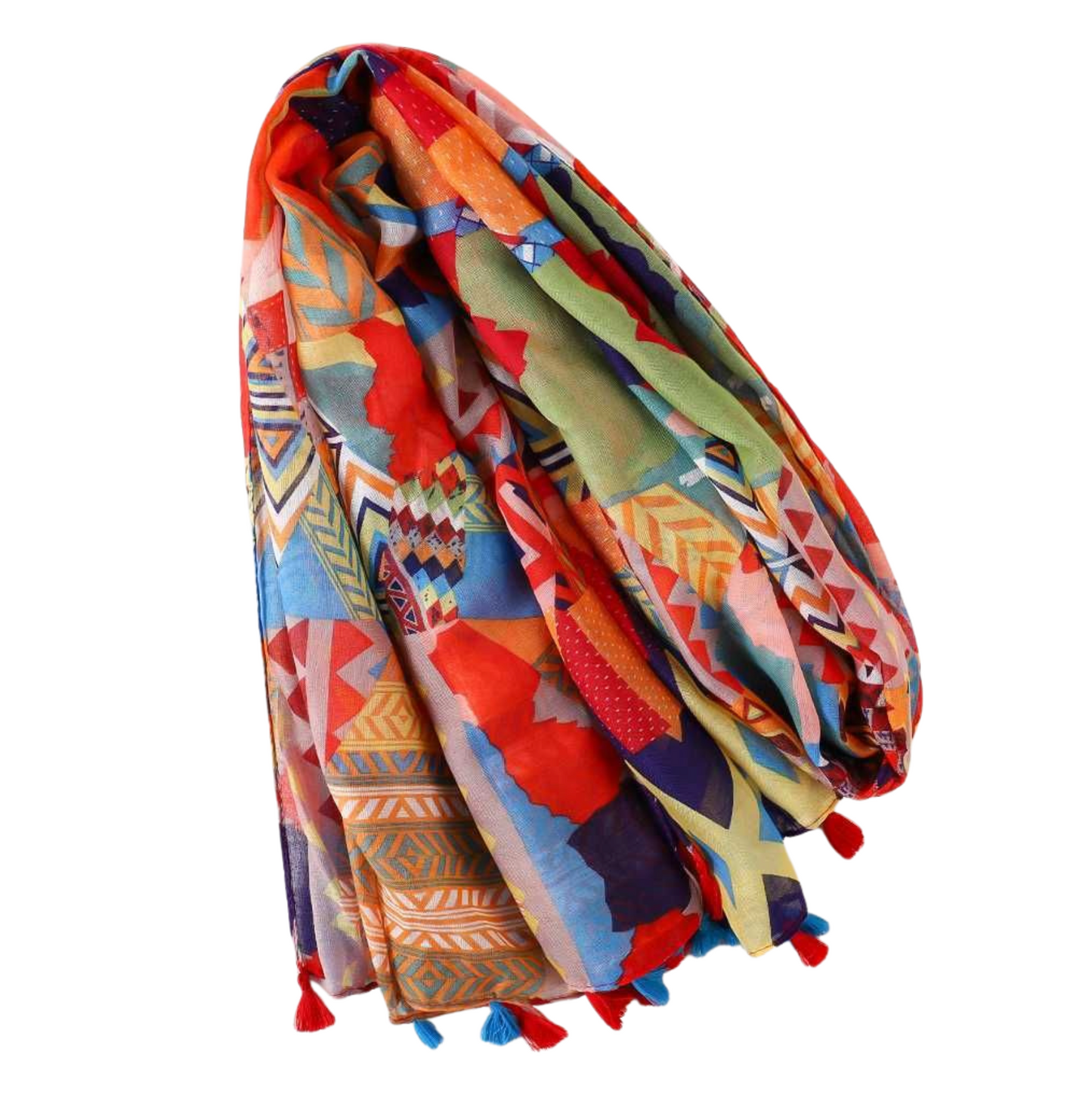 Bold Print Scarf with Tassel Accents