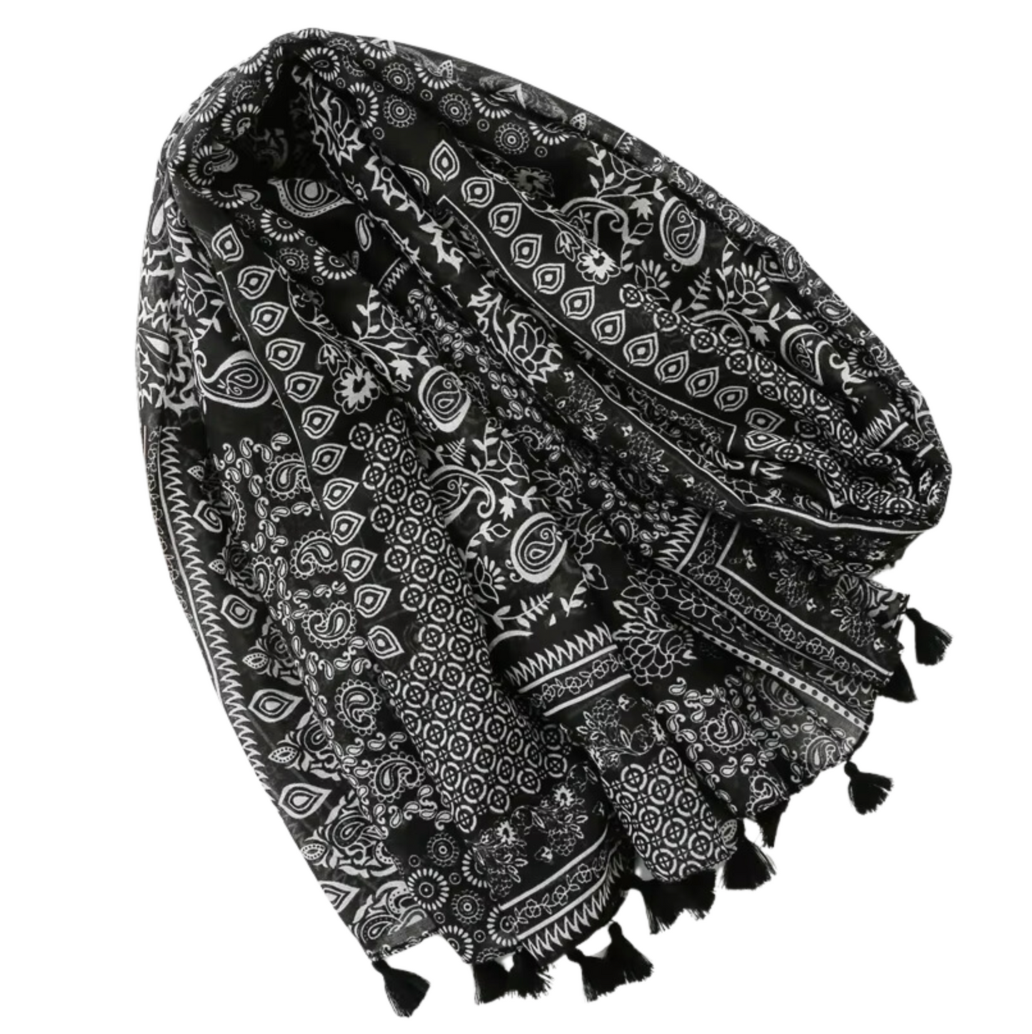 Bold Black-and-White Paisley Scarf with Tassels