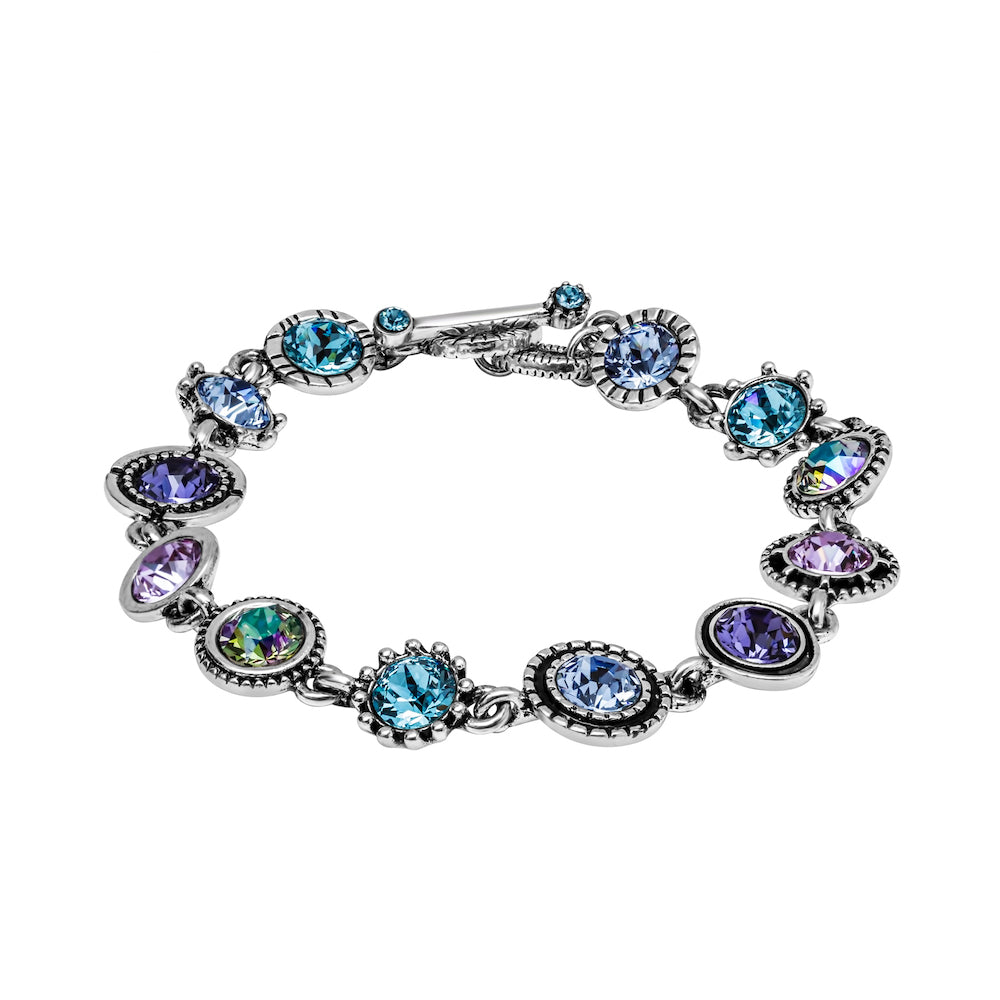 Vintage-inspired bracelet with Swarovski crystals, multi-color sparkle, intricate metalwork design, 7.4" length by callura