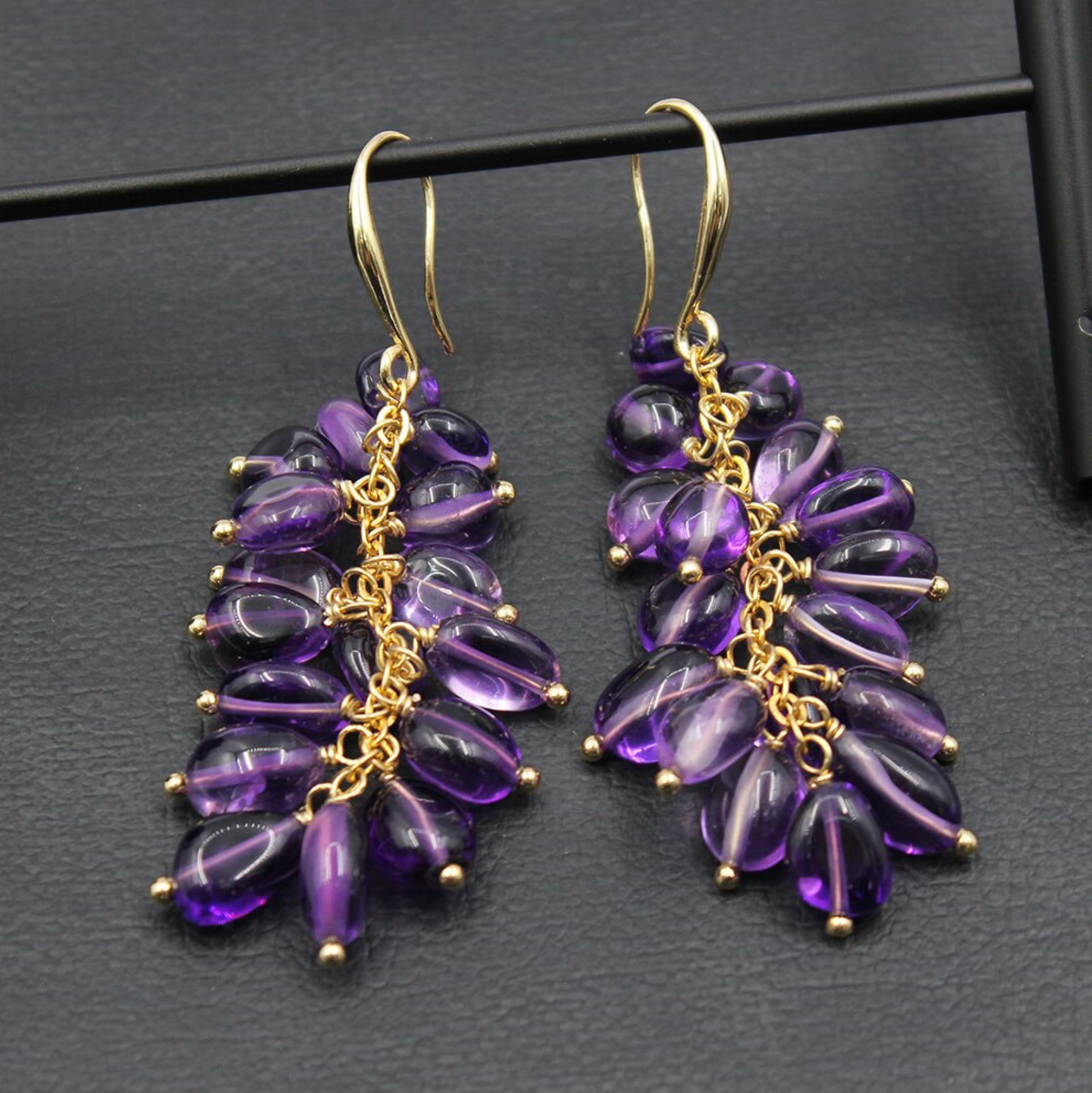 Amethyst & Goldtone Cluster Drop Earrings