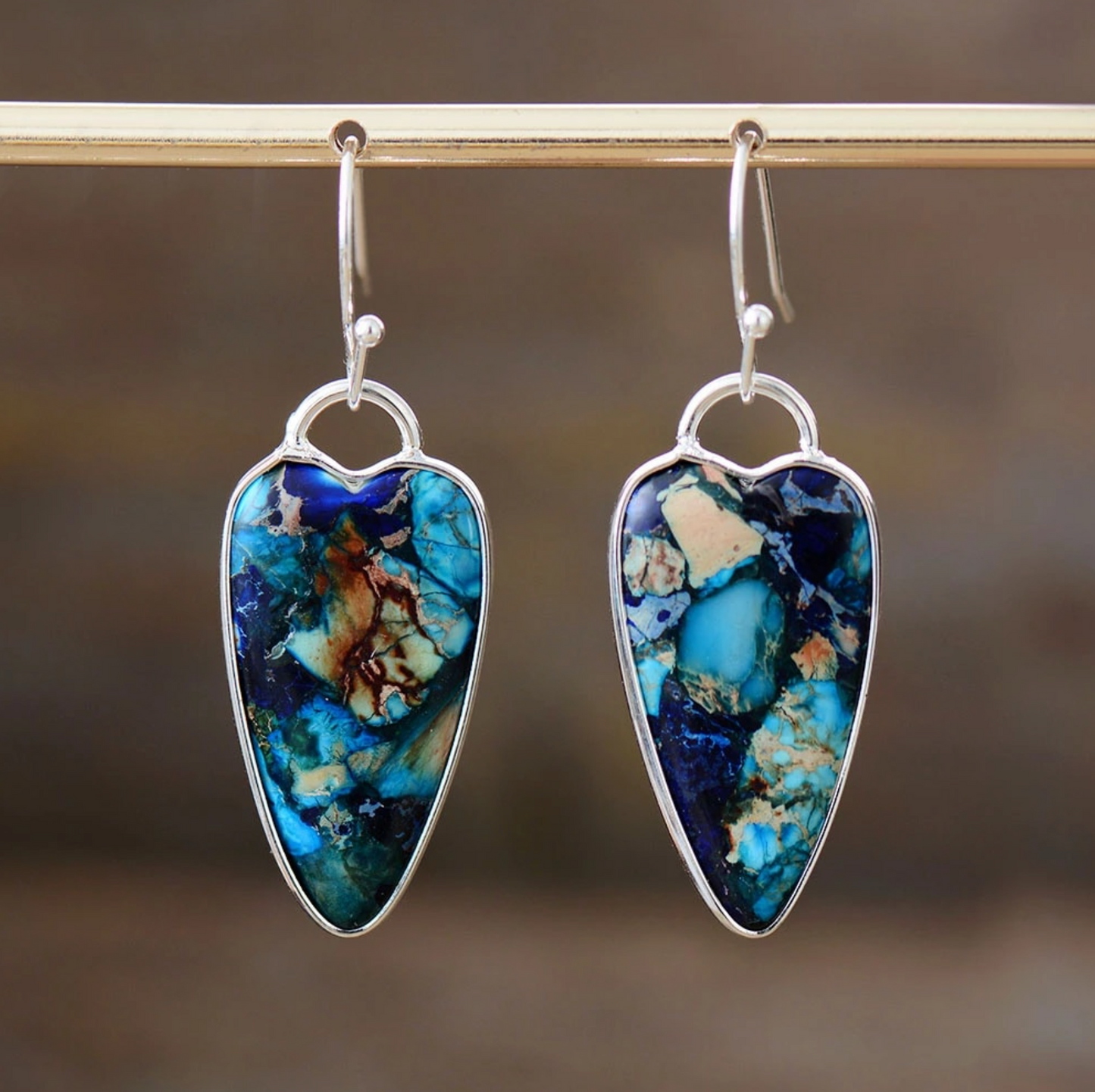 Jasper & Silvertone Heart Drop Earrings