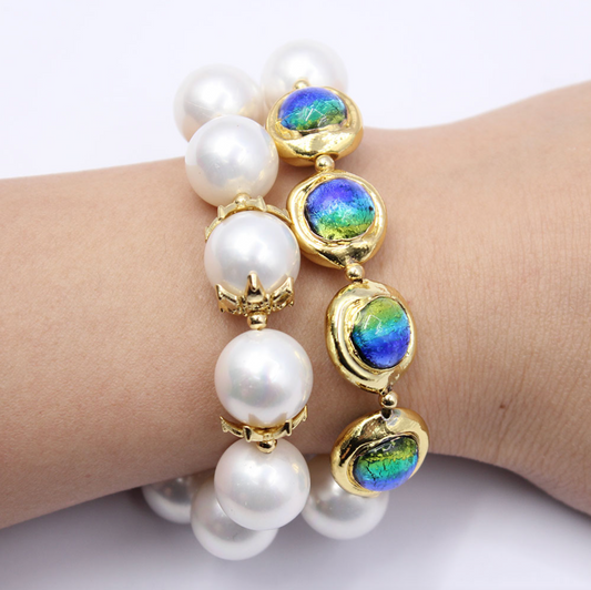 Shell Pearl & Murano Beaded Bracelet with Large Oval CZ Paved Clasp