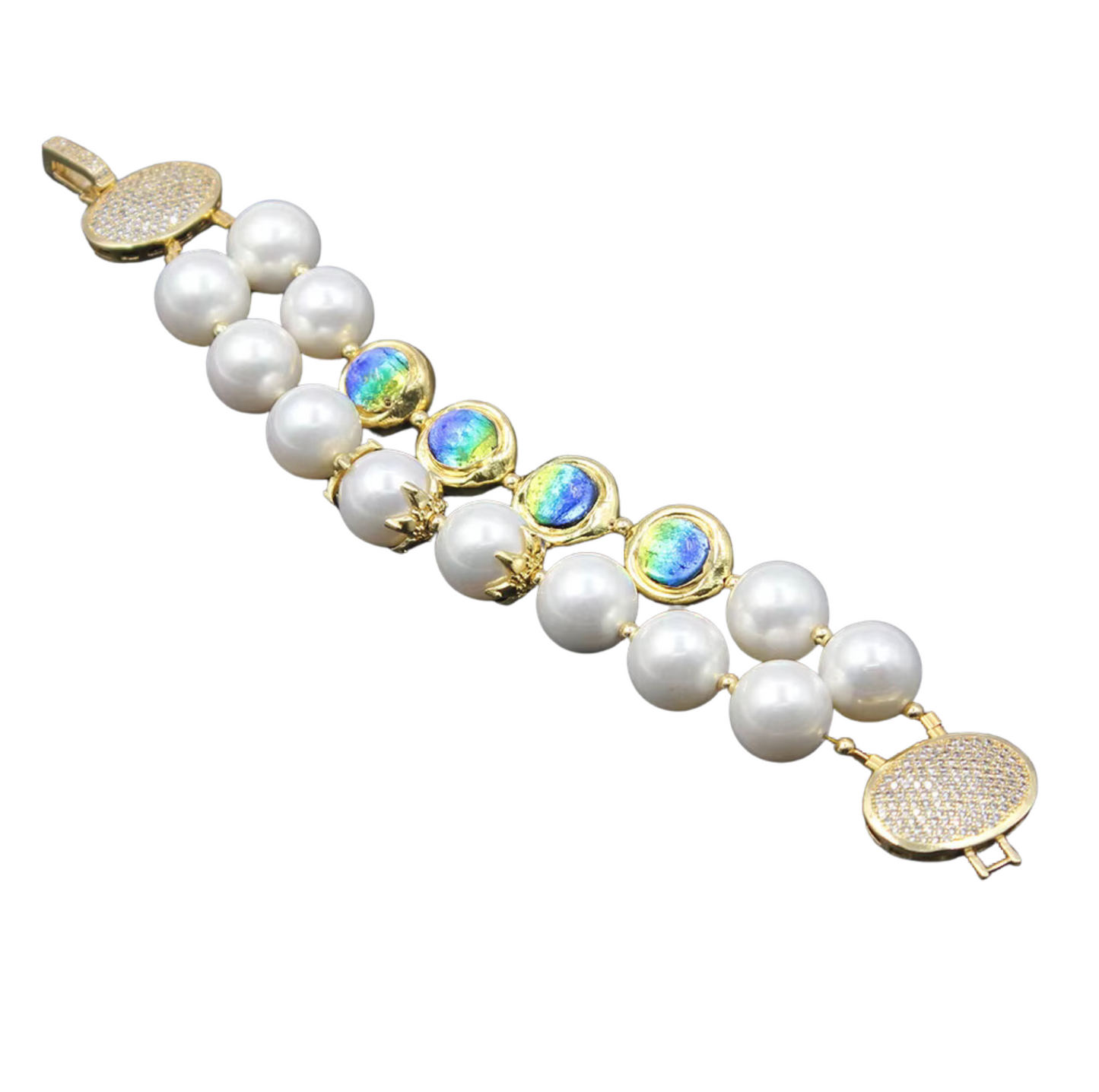 Shell Pearl & Murano Beaded Bracelet with Large Oval CZ Paved Clasp