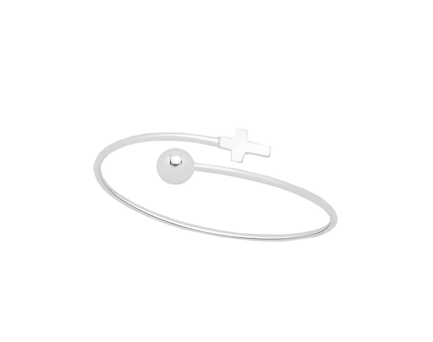 Sterling silver open bangle bracelet with cross and ball ends, stackable minimalist jewellery