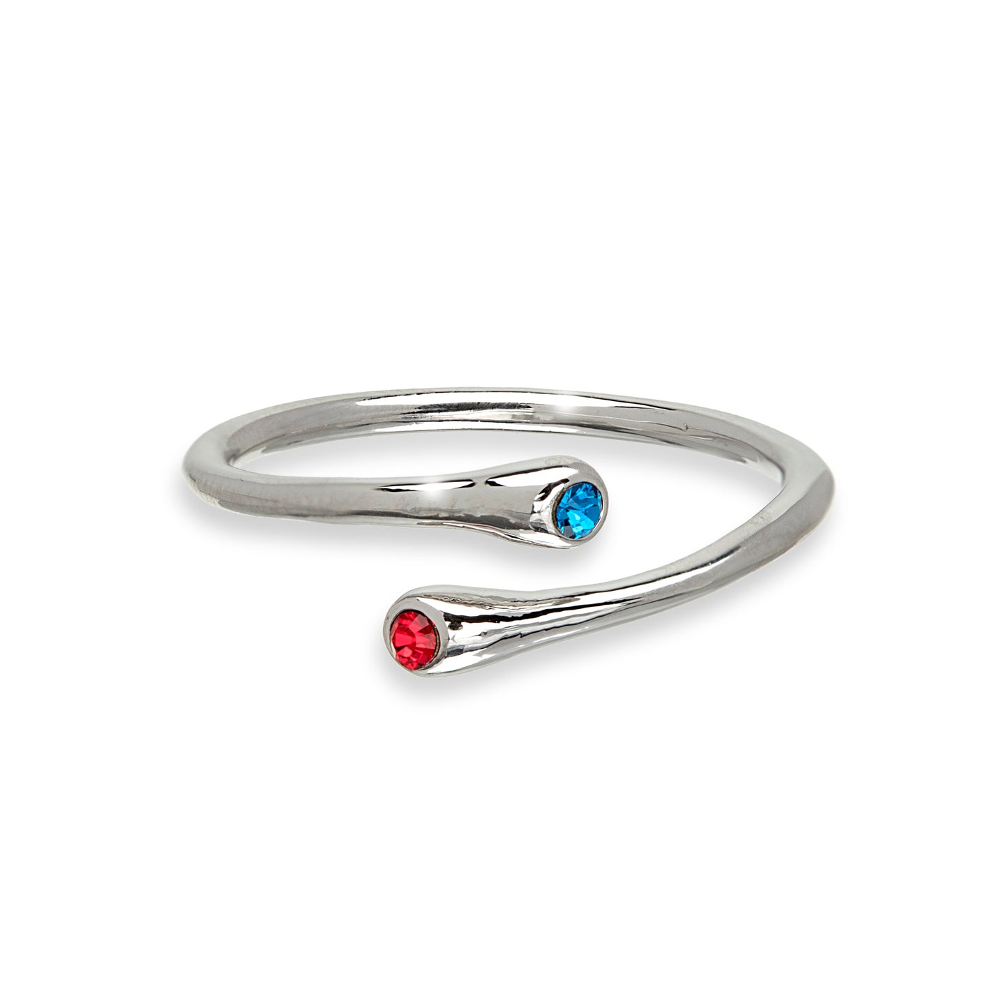 Silver-tone Swarovski wrap ring with red and blue crystals – stacked variation