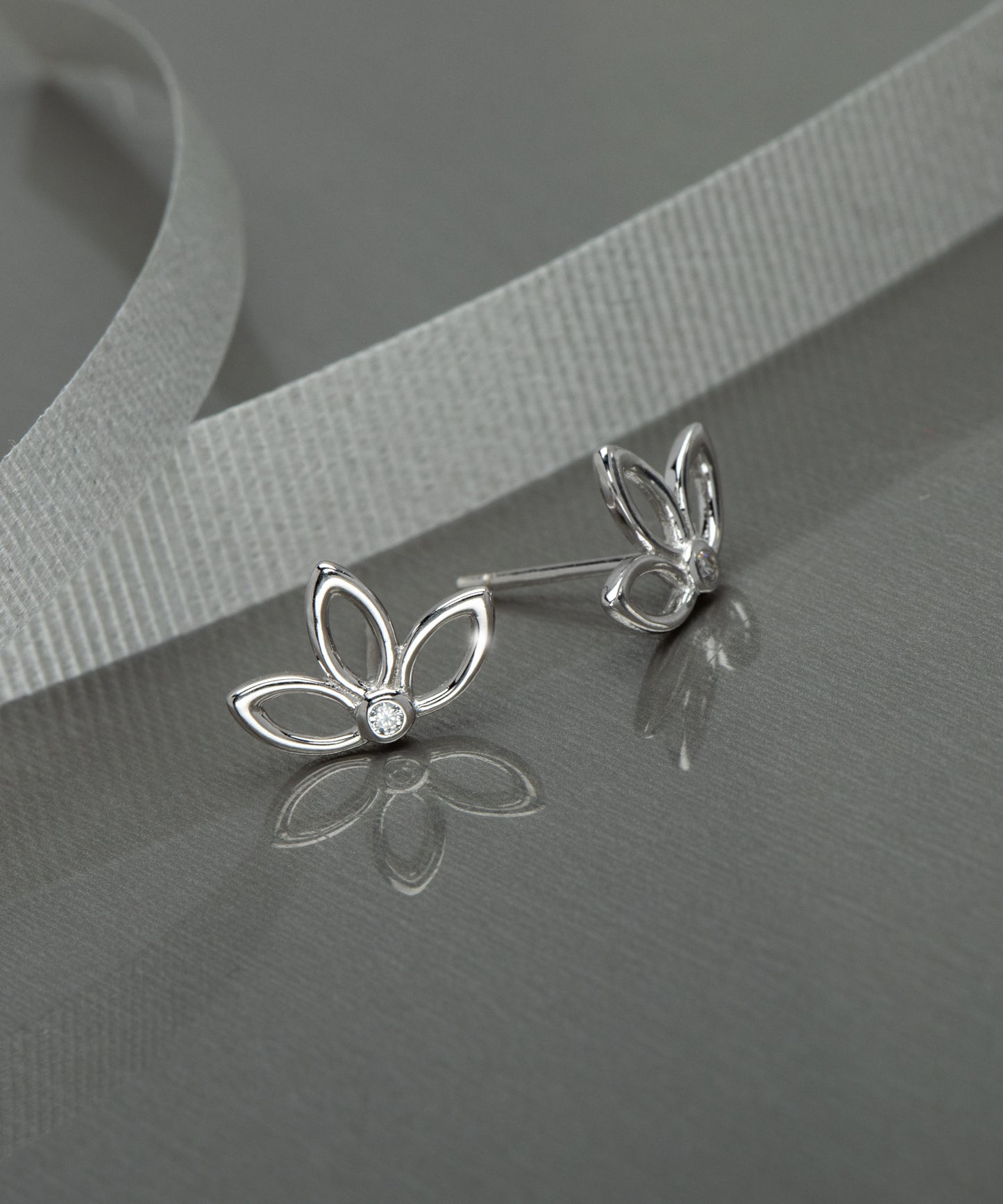 Sterling Silver Cubic Zirconia Lotus Flower Stud Earrings