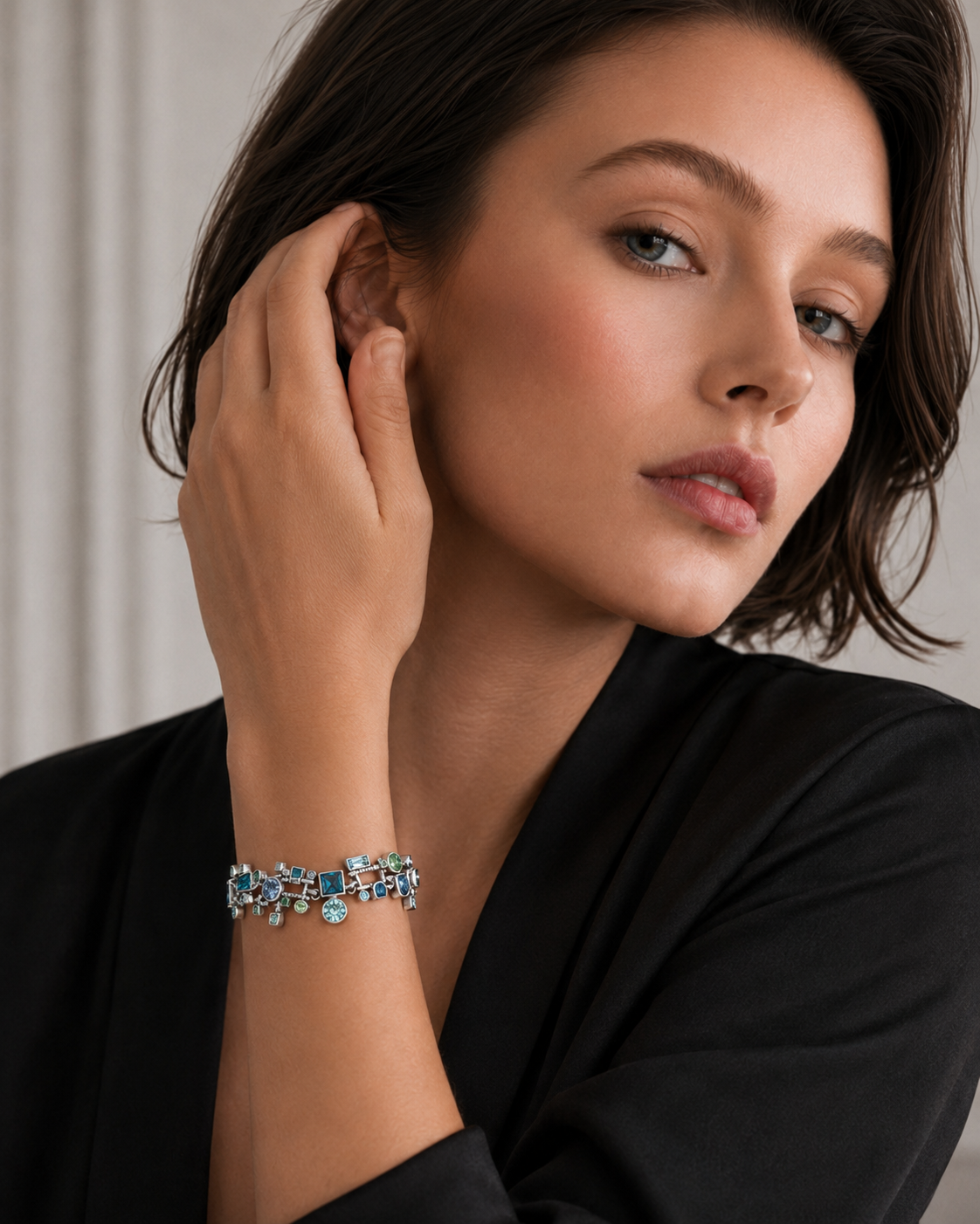 Geometric Statement Blue Green Crystal Bracelet with Swarovski Crystals