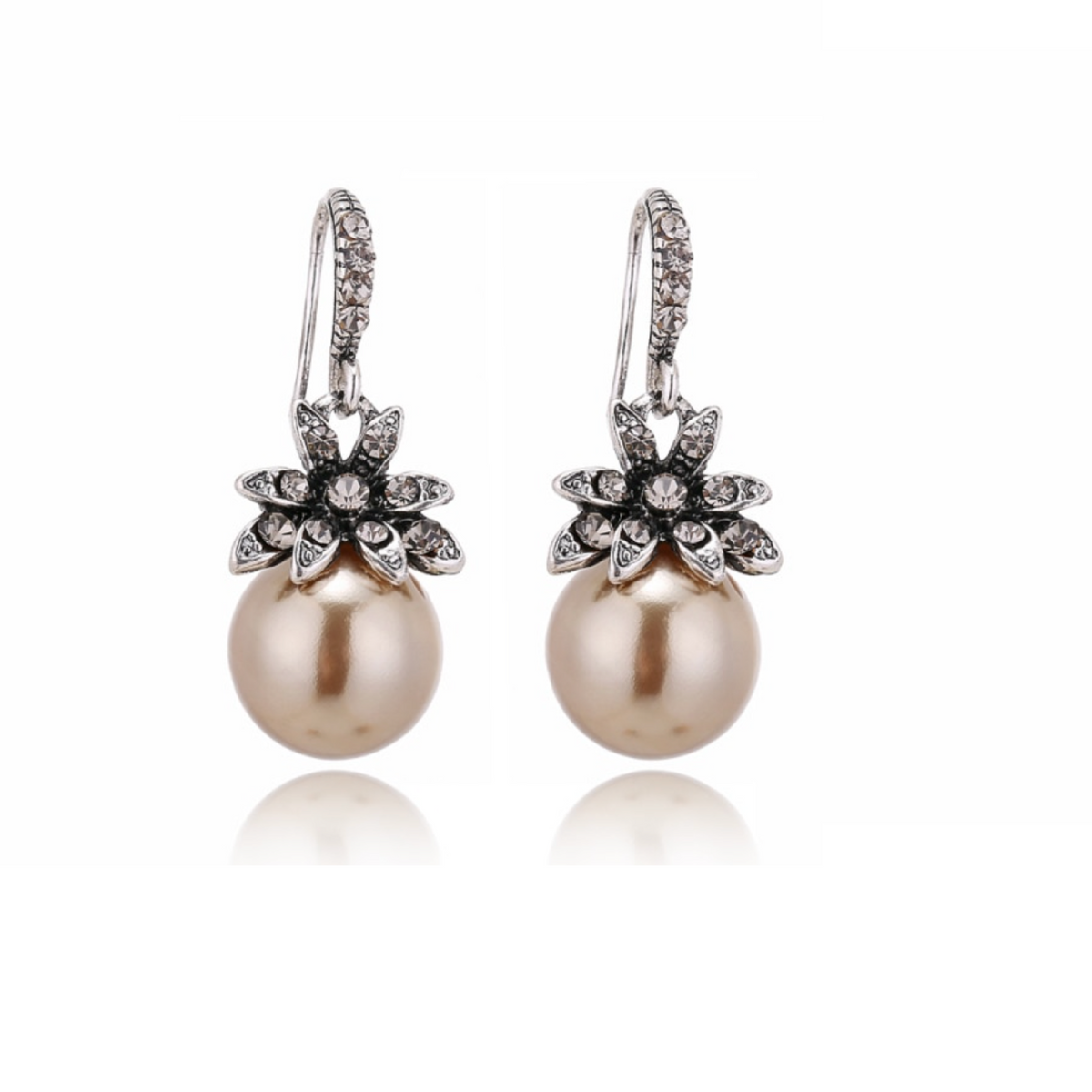 Vintage floral drop earrings with champagne-coloured faux pearls, front view