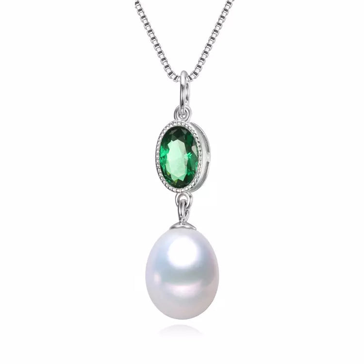 Cultured Pearl & Green Cubic Zirconia Pendant Necklace (II12921-11-3)