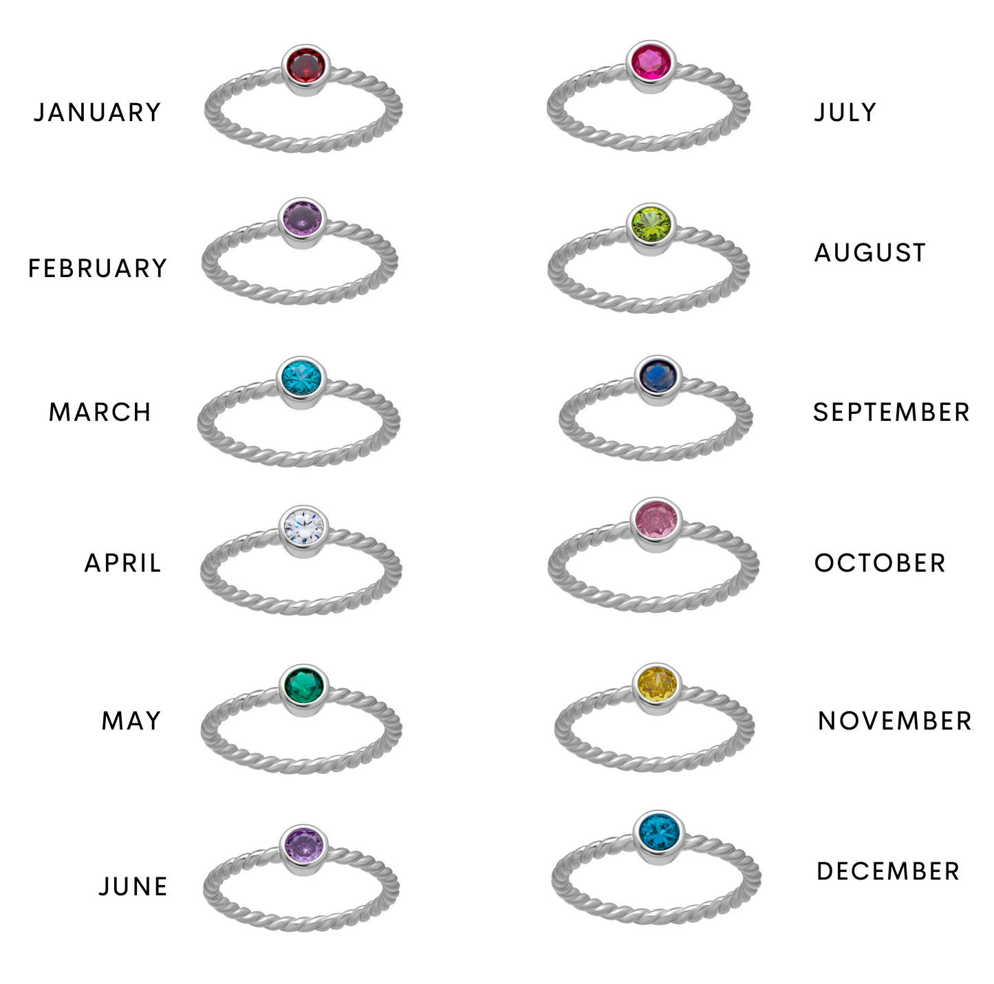 CZ Birthstone Ring Chart for 12 Months – Silver-Tone Solitaire Rings with Color Guide for Each Month
