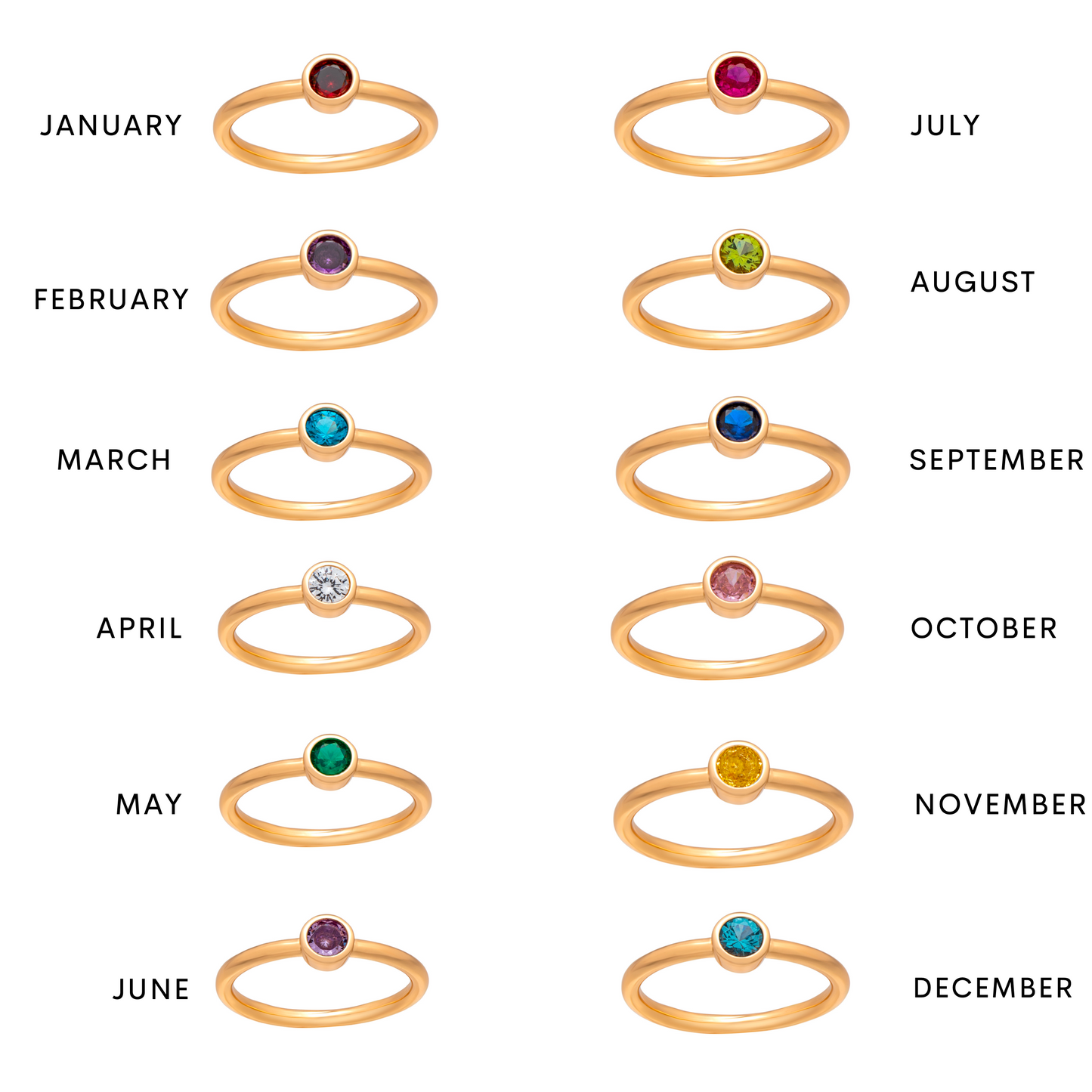 Birthstone chart showing 12 gold-tone smooth band CZ birthstone rings with corresponding months labeled