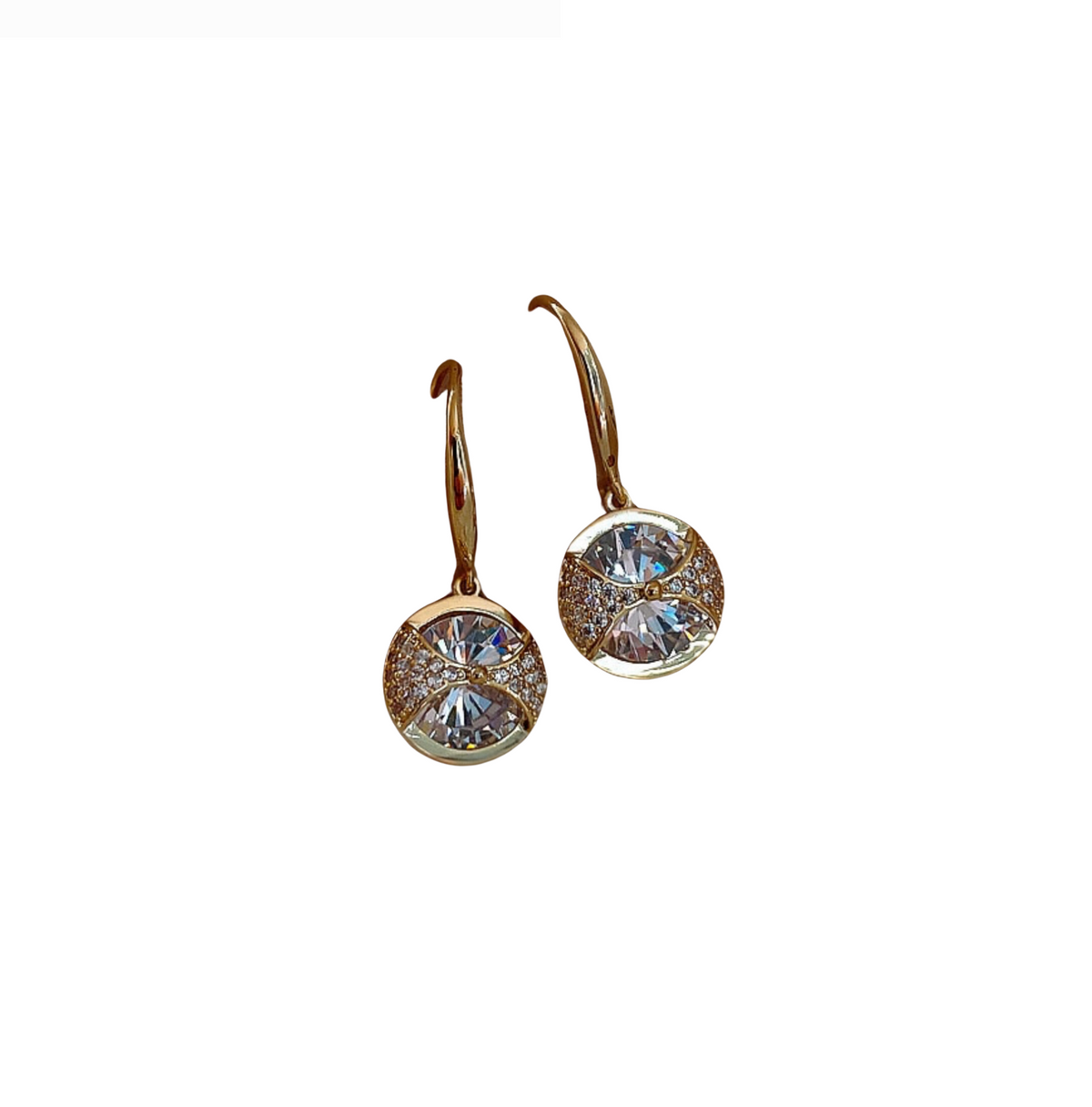 Gold-tone circular drop earrings with crisscross cubic zirconia detailing