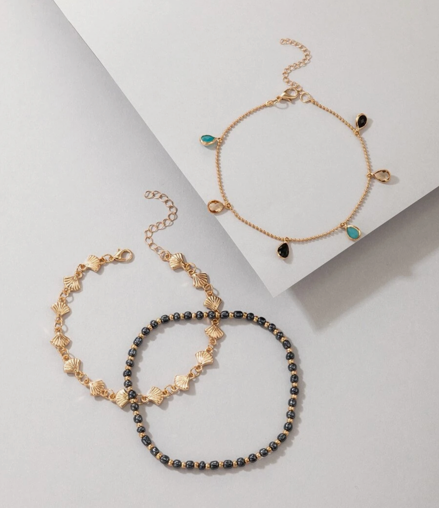 Black Stretch Multi Colored Teardrop Anklet Set