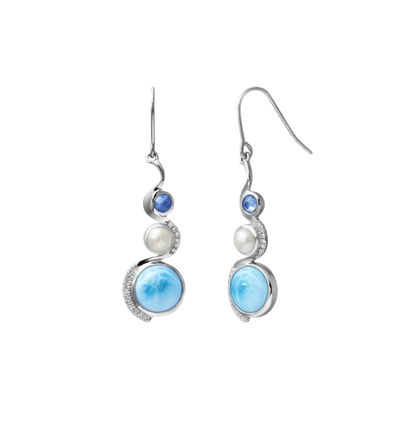 Sterling Silver Larimar & CZ Swirl Drop Earrings