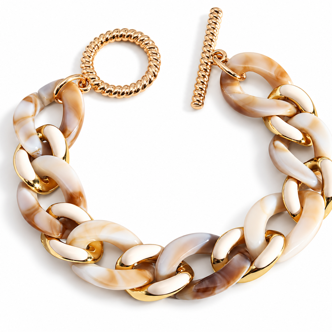 Beige & White Marbled Chunky Chain Goldtone Bracelet on white background