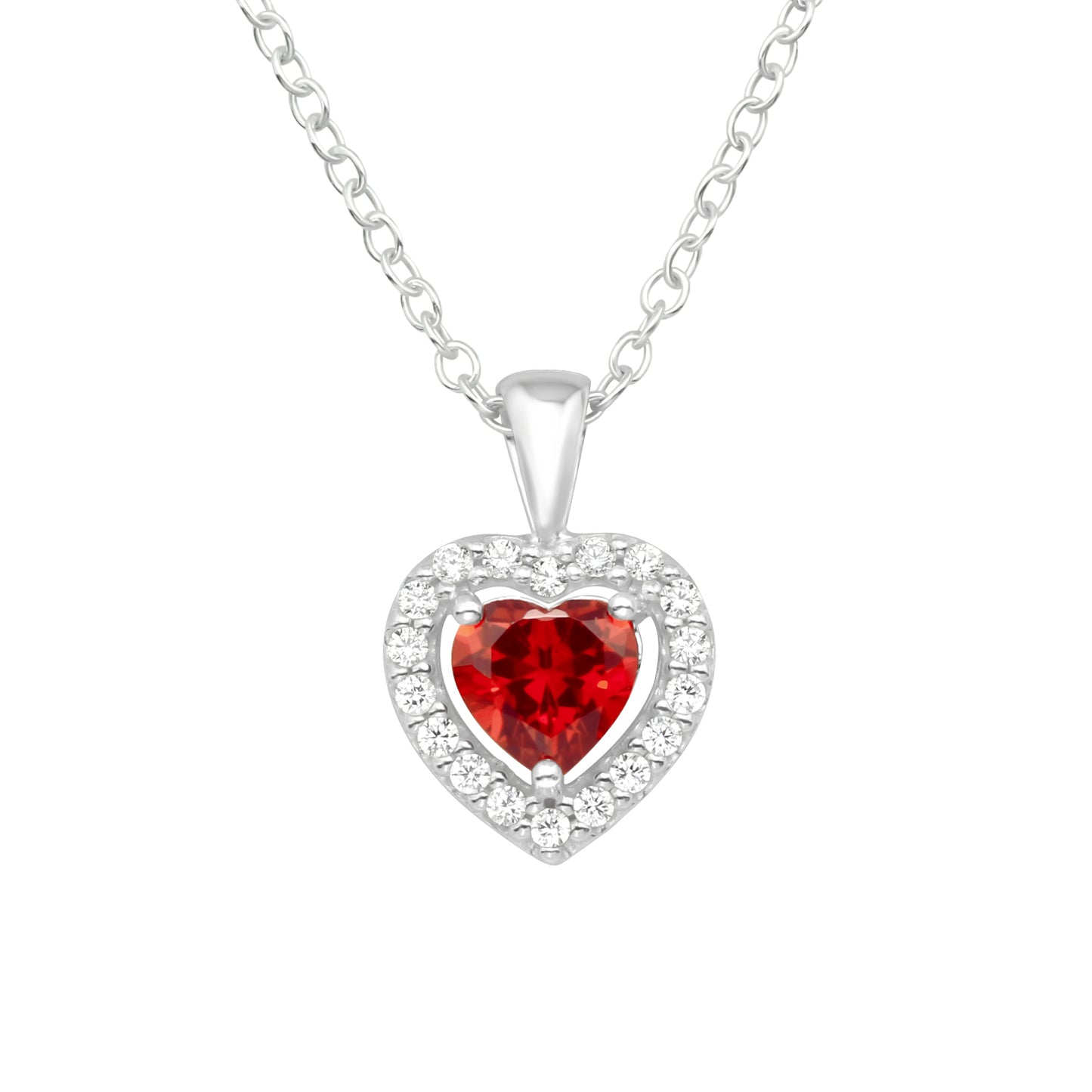 Sterling Silver Red Cubic Zirconia Heart Pendant Necklace