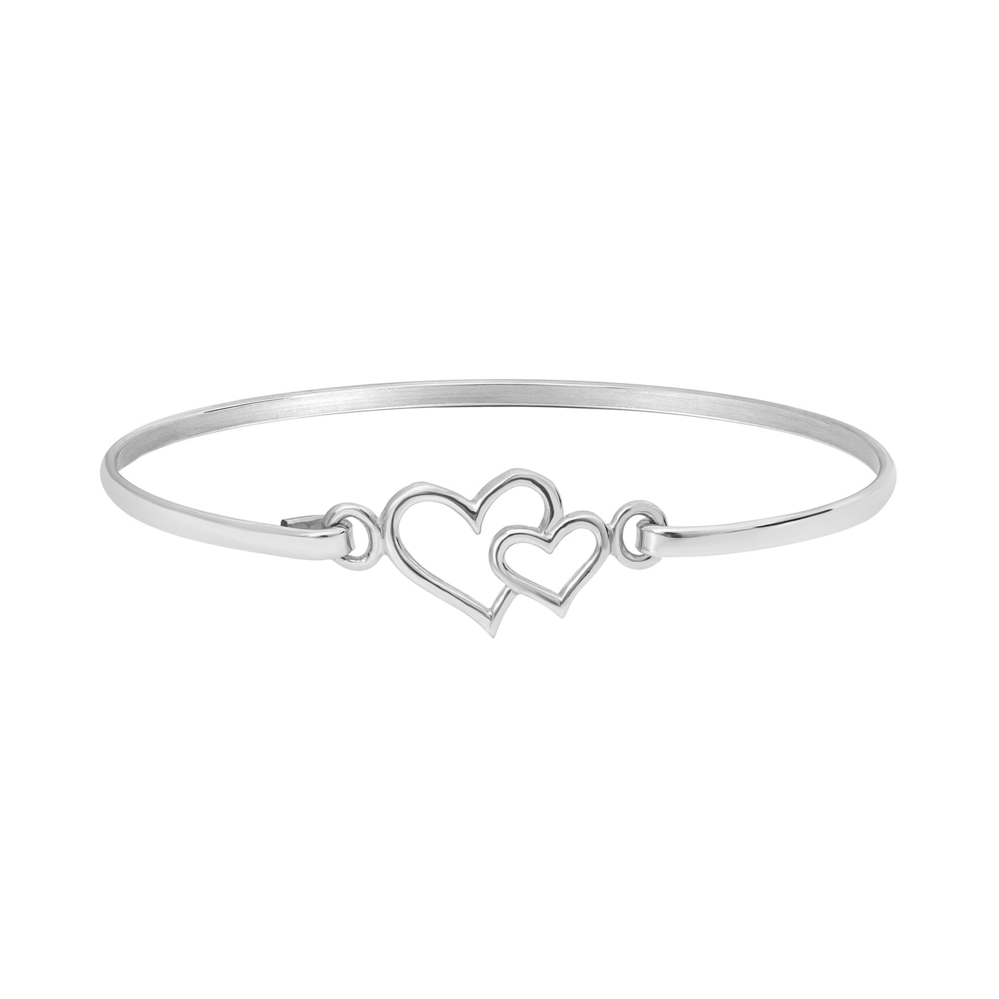 A sterling silver bangle bracelet with a dual hearts design, intended for adults.